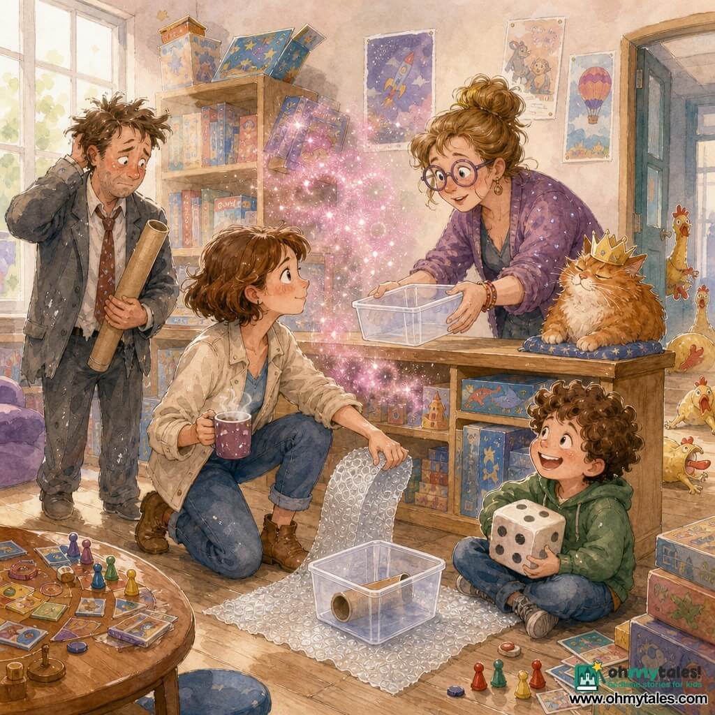 The protagonist, Mira, is a determined-looking woman with a shy smile, sparkling eyes, short brown hair, a light jacket and ankle boots; she holds a cup of cocoa in one hand and unrolls bubble wrap with the other to make a protective mat. Behind a counter stands Ms. Kendra, an adult woman with round purple glasses and a relieved, admiring expression, offering a small plastic bin as if to contain a tube. Mr. Blip, a somewhat confused adult man in a rumpled suit and messy hair, appears from the left clutching a long cardboard tube and looking embarrassed toward Mira. A boy of about seven sits on the floor to the right, laughing, curly-haired and holding a large foam die, watching the action. A fluffy orange cat with a tiny paper crown lounges on the counter, looking amused and regal. The setting is an indoor game library with low and high shelves of colorful game boxes, light wood floors, playful posters, a small table with scattered pawns and cards, and soft light from a large window. At the center floats a cloud of pink glittery dust (giggle dust); Mira carefully places the tube into a clear bin on the bubble-wrap mat while inflatable rubber chickens roll near a door and boxes wobble, creating a mix of comic tension and relief as everyone cooperates.