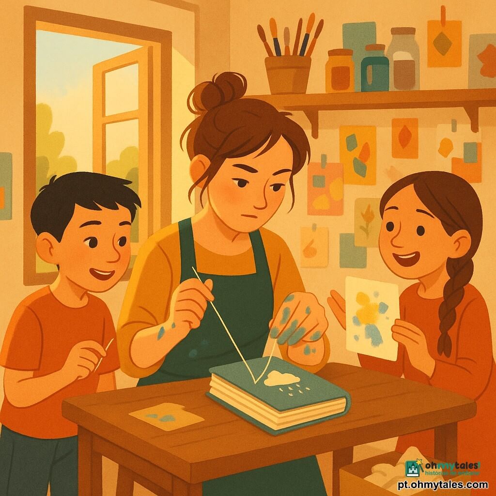 Uma mulher artista na casa dos trinta, cabelo castanho preso num coque despenteado, mãos manchadas de tinta azul e amarela, rosto concentrado e doce, costurando com uma agulha grossa um caderno de folhas reaproveitadas sobre uma mesa de madeira; à esquerda, Tiago, 12 anos, cabelo curto preto, sorriso maravilhado, segura uma pequena agulha e observa atento; à direita, Inês, 12 anos, cabelo longo trançado, rosto curioso e risonho, mostra uma folha manchada à artista com a palma aberta; o ateliê é luminoso, com uma grande janela aberta, prateleiras de madeira com potes de pincéis e paredes cobertas de colagens e folhas, e uma caixa de papelão no chão com papéis amassados; a cena mostra a mulher consertando uma mancha de cola na capa do caderno, colando e desenhando uma nuvem branca que vira chuva, enquanto as crianças observam e aprendem numa atmosfera de criação compartilhada.