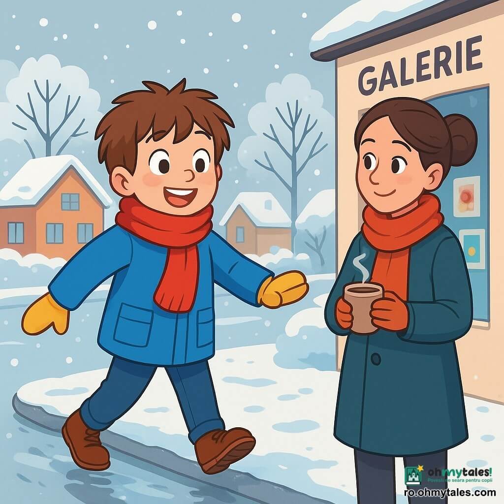 Un băiat de 10 ani, cu părul castaniu zbârlit și obrașe înroșite de frig, stă în picioare pe un trotuar alunecos, cu un zâmbet uimit pe față. Poartă o haină albastră strălucitoare, o eșarfă roșie înfășurată în jurul gâtului și mănuși galbene. Lângă el, mama lui, o femeie de treizeci de ani cu părul brun prins în coc, îl observă cu tandrețe, ținând o cană de ciocolată caldă aburindă. Locul este un cartier liniștit iarna, cu case cu acoperișuri acoperite de zăpadă, copaci acoperiți de brumă strălucitoare și fulgi de zăpadă căzând ușor din cerul gri deschis. Scena se desfășoară lângă o mică galerie de artă, unde desene colorate sunt agățate pe pereți. Băiatul, curios și bucuros, încearcă să-și mențină echilibrul pe trotuarul alunecos, pregătindu-se să facă un pas înainte, gata să descopere minunile iernii.