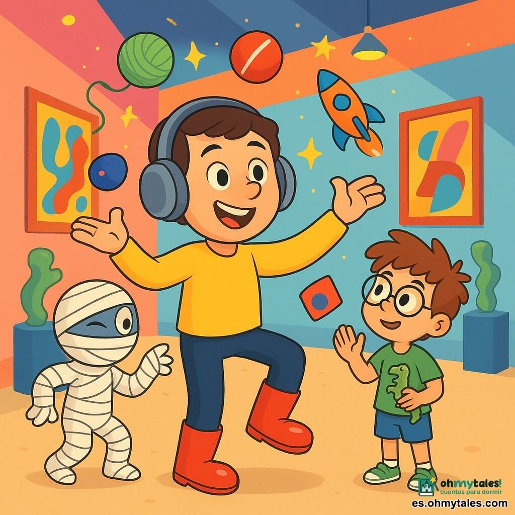 Un hombre llamado Monsieur Chispa, con botas rojas brillantes y un casco antirruido suave, sonríe con ojos chispeantes de determinación. Está haciendo malabares con objetos coloridos que flotan a su alrededor, como ovillos de lana y juguetes, en una pose dinámica y divertida. Junto a él, un niño de 8 años, con gafas redondas y cabello despeinado, lo observa con admiración, sosteniendo un pequeño dinosaurio de plástico. Está de puntillas, con los brazos levantados, listo para aplaudir. En una esquina, una momia divertida, envuelta en vendas blancas, guiña un ojo mientras intenta no caerse, añadiendo un toque cómico a la escena. El decorado es el de un museo moderno, con paredes coloridas, esculturas extrañas y cuadros vibrantes que parecen bailar. Luces centelleantes iluminan el espacio, creando una atmósfera alegre y lúdica. La situación principal muestra a Monsieur Chispa resolviendo un gran desorden en el museo, haciendo malabares con objetos que caen del techo, mientras usa su casco mágico para calmar el ruido, todo en un ambiente de fiesta y aventura.