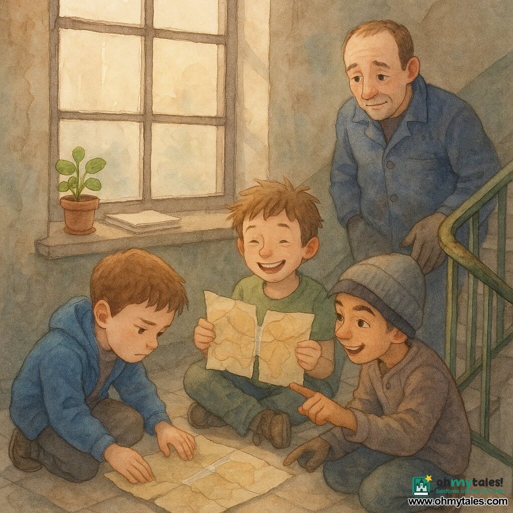 Four characters: Leo, an 11-year-old boy with short brown hair and a focused face, wearing a blue jacket and holding a small open notebook, crouched left of the window and carefully folding the map; Max, an 11-year-old with tousled hair and a green T-shirt, sitting center with a relieved big smile, holding the two halves of the repaired map; Omar, an 11-year-old with tanned skin, a gray beanie and mischievous eyes, standing right and pointing at a symbol on the map as if guessing the solution; Gus, a forty-ish technician in a navy work jacket, one gloved hand, the other in his pocket, standing slightly behind, bent and kindly embarrassed. Setting: a building stair landing lit by a large paned window with a wide dusty wooden sill holding a small potted plant and stacked papers, concrete walls with damp stains, a worn green metal railing and irregular tiled floor, soft hazy late-afternoon light giving a warm watercolor look. Main action: the children calmly reassemble a torn map on the sill—pieces aligned, clear tape applied, black dust and small ink stains visible—creating a joyful, concentrated, cooperative discovery.