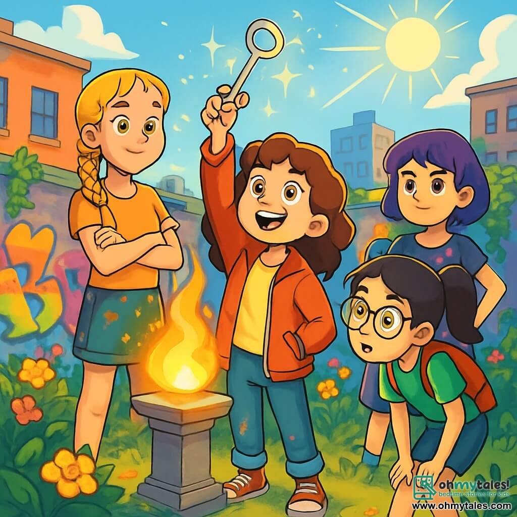 There are 4 children: Suri, an 11-year-old girl with curly brown hair, wearing a bright red jacket and worn sneakers, stands in the center holding a sparkling silver key. Elya, a tall 12-year-old girl with braided blonde hair and mismatched earrings, is to Suri's left, arms crossed with a mischievous smile. Nia, an 11-year-old small and slim girl with round glasses and black hair in a ponytail, is to Suri's right, leaning forward curiously observing the key. Lila, a 12-year-old girl with purple hair and a floral-patterned dress, stands behind Suri with her hands on her hips, displaying a determined expression. The setting is on a green rooftop surrounded by urban buildings covered in colorful graffiti. The sky is bright blue, and the sun shines, illuminating the secret garden with vibrant flowers and climbing plants. In the center, a magical flame dances on a stone pedestal, casting vibrant shadows on the ground. The main scene shows the children gathered around the flame, with Suri raising the key to the sky as if to seal a pact. The others watch her in admiration, their faces lit by the golden light of the flame, while sparks of magic shimmer around them.
