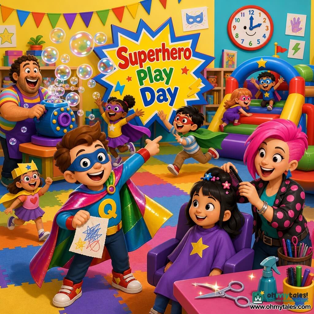 A smiling, energetic man in a shiny multicolored cape and soft eye mask with short brown hair holds a doodled paper and points at a "Superhero Play Day" sign center stage; a woman named Whizzy, about 30, with bright pink asymmetrical hair and a polka-dot jacket laughs while styling a little girl with sparkling scissors on her table; Bubble Man, about 35, jovial and stocky with curly hair and a striped tee, blows giant translucent bubbles with a large bubble machine behind Captain Quirk; around them, several 5–8-year-old children in homemade capes and cardboard masks run, laugh, jump through bubbles and climb a small inflatable obstacle course in a colorful indoor playroom with yellow and turquoise walls, low shelves of games, paper garlands, hand-drawn posters, a multicolored foam floor and a cartoon clock — lively party scene with warm lighting, high contrast, saturated colors and exaggerated joyful expressions.