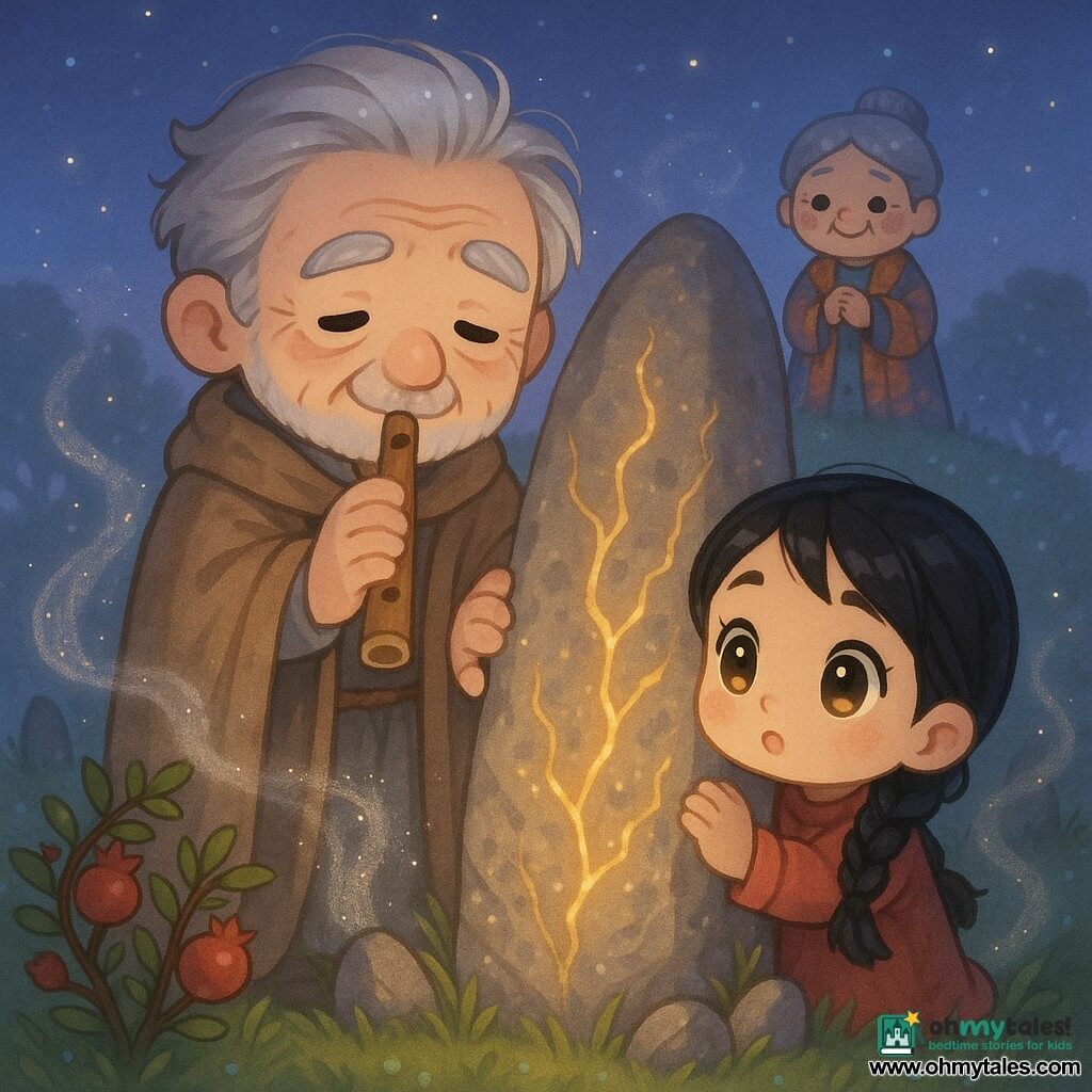 An elderly man, Arman, with a gentle, lined face and salt-and-pepper hair, wears a sand-colored cloak, plays a small wooden flute and lays his hands on a large menhir whose rough surface shows glowing fissures and a soft golden light; a curious seven-year-old girl, Leyla, with braided black hair clutches his cold hand and watches the stone in wonder while an old woman in a colorful coat stands on a hill behind them, smiling gratefully; around them are a circle of smaller stones, low pomegranate branches heavy with bright red fruit and dew-wet green grass, a fine silvery mist with tiny luminous particles like floating memories drifts around the figures, and the twilight sky is blue-violet with early stars and warm evening light — Arman soothes the mist and the menhir with his flute as the girl listens amazed and villagers observe, creating a tender, peaceful, magical atmosphere.
