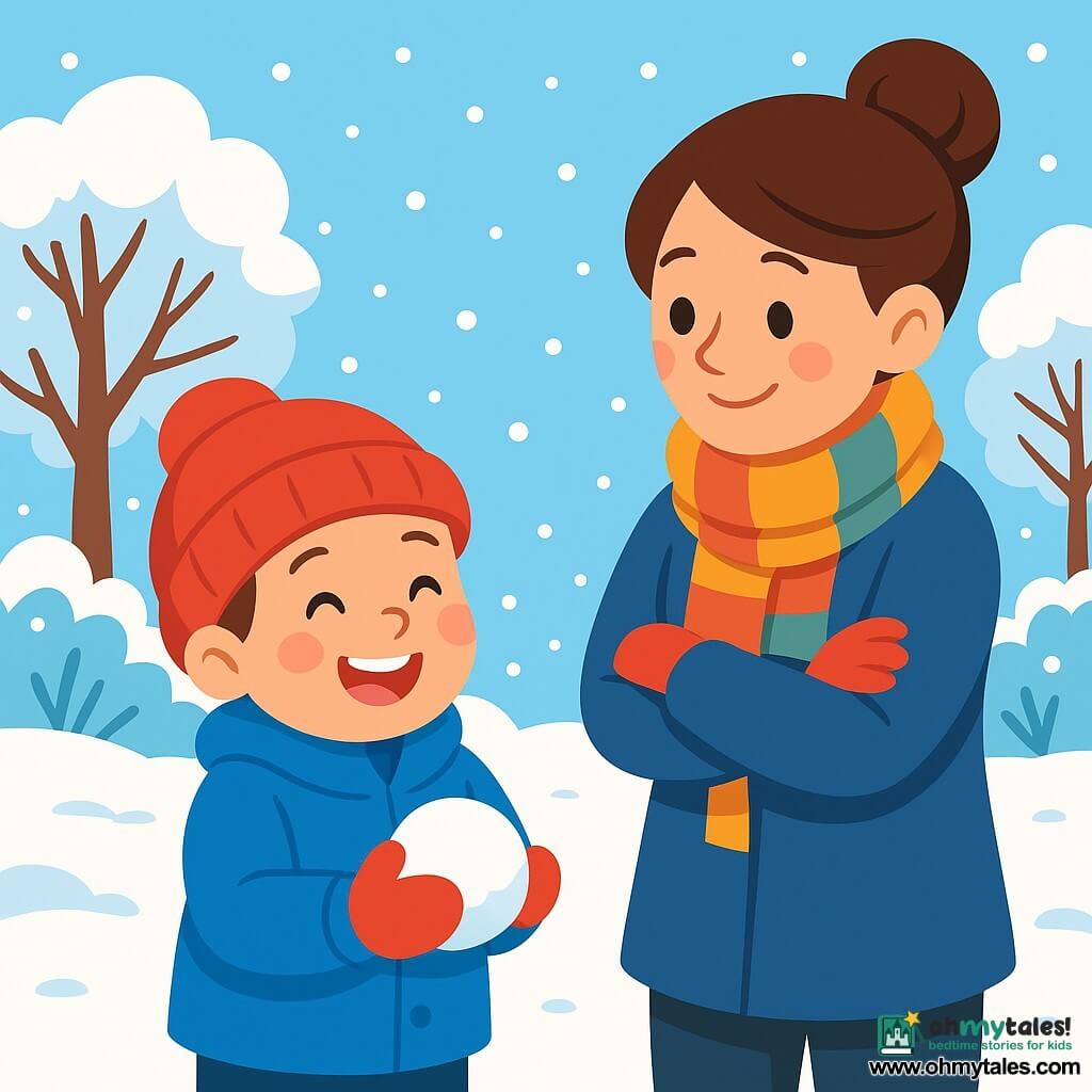 A 4-year-old boy with rosy cheeks and sparkling eyes is wearing a bright blue coat and a red hat. He is picking up snow with his little gloved hands, a big smile lighting up his face. Next to him, his mother, a woman in her thirties with brown hair tied in a bun, is wearing a colorful scarf and watching her son with tenderness, arms crossed, standing on the snow. The setting is a winter garden covered in a thick layer of shimmering snow under a clear blue sky, with trees laden with snow. In the distance, snowflakes are gently falling, adding a magical touch to the scene. The little boy is having fun making a snowball, laughing out loud, while his mother encourages him with a loving look.