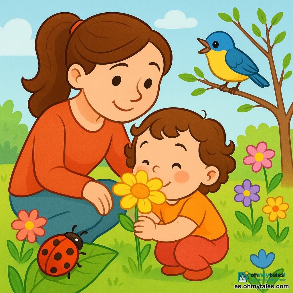 Niña de 2 años, rostro redondo y mejillas rosadas, pelo castaño en rizos, sonrisa asombrada, agachada oliendo una gran flor amarilla que sostiene con suavidad; madre de unos 30 años con coleta larga, mirada tierna y mano en el hombro protegiéndola; un pájaro azul y amarillo posado en una rama baja a la derecha cantando sobre sus cabezas; una mariquita roja con puntos negros en una hoja verde en primer plano cerca de la mano de la niña; jardín de primavera con césped verde, flores multicolores, un pequeño árbol de ramas finas y hojas nuevas, cielo azul pálido con nubes blancas; escena tierna y tranquila, luz suave, colores vivos y contornos redondeados.