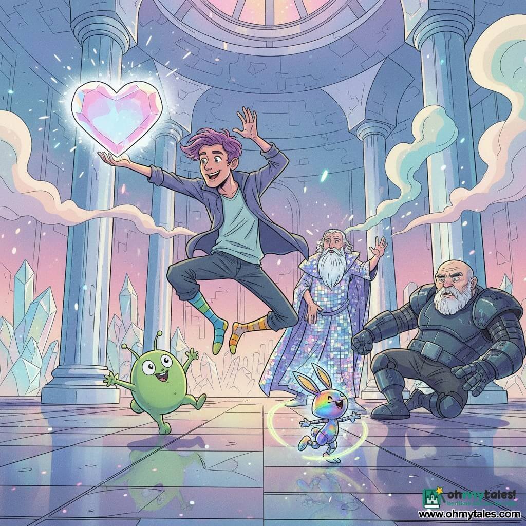 Zog, an energetic smiling man with tufted purple hair and mismatched socks, leaps to snatch a huge glowing Crystal Core from its platform, eyes shining; nearby Blip, a small bouncy green boy (~8) with big round eyes and twitching antennae, laughs and jumps; old Zeldor, wrinkled with a long silver beard and an iridescent robe, raises a hand casting protective sparks; grumpy large alien Grumpus in dark metal armor with a mechanical arm slips backward, surprised; Sparky, a small rainbow robot rabbit with metallic fur and neon ears, dances at their feet in a technomagic castle hall of translucent crystal and chrome with glowing filament columns, pastel smoke, fine sparks, pulsing pink-blue-green light and a reflective mosaic floor — a joyful, neon, glittering moment as Zog grabs the Crystal Core while the others react.