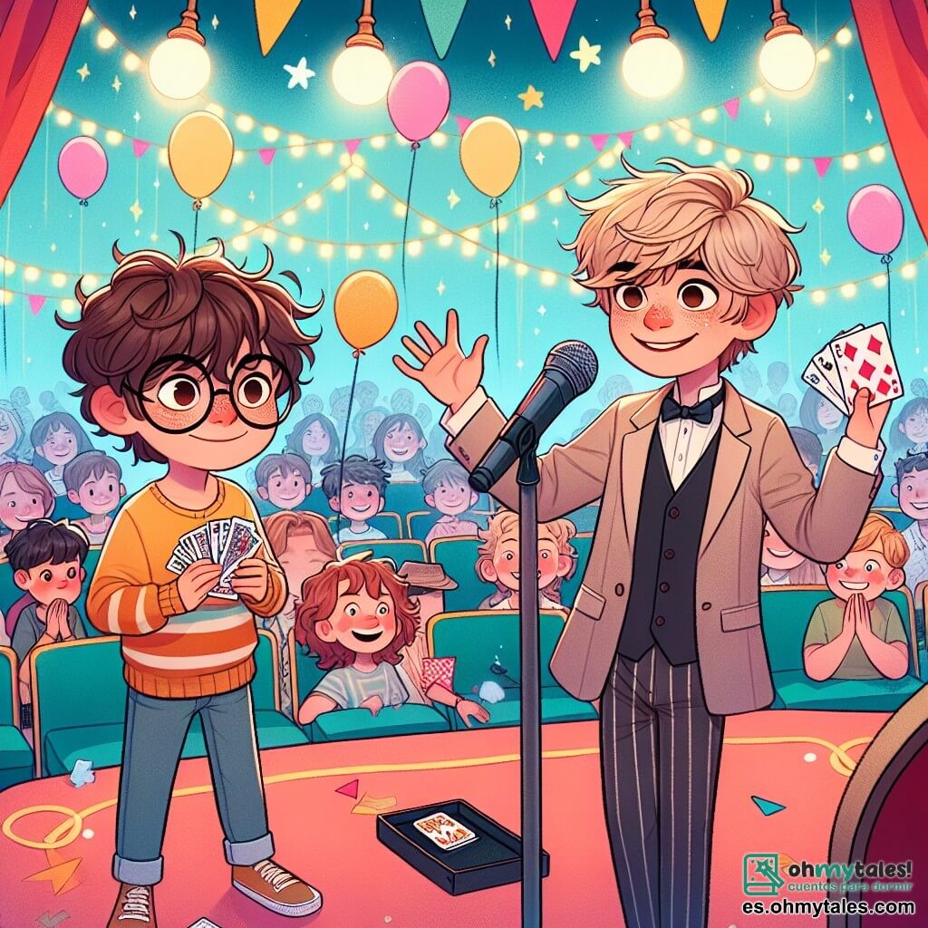 Dos chicos de nueve años, Lucas y Tomás, están en un escenario colorido, lleno de globos y guirnaldas. Lucas, con cabello castaño desordenado y gafas redondas, sonríe con confianza, sosteniendo un juego de cartas. A su lado, Tomás, con cabello rubio y ojos brillantes, mira a su amigo con admiración, listo para participar en el gran truco de magia. El lugar es un salón de espectáculos decorado con luces centelleantes, con filas de sillas llenas de niños y padres, todos ansiosos por asistir al concurso de talentos. La situación principal muestra a Lucas y Tomás realizando su truco de magia, con Lucas haciendo un gesto teatral para hacer desaparecer una carta, mientras Tomás, con una mirada maravillada, espera la reacción del público. Los rostros de los niños en el público expresan emoción y asombro, creando una atmósfera mágica y alentadora.