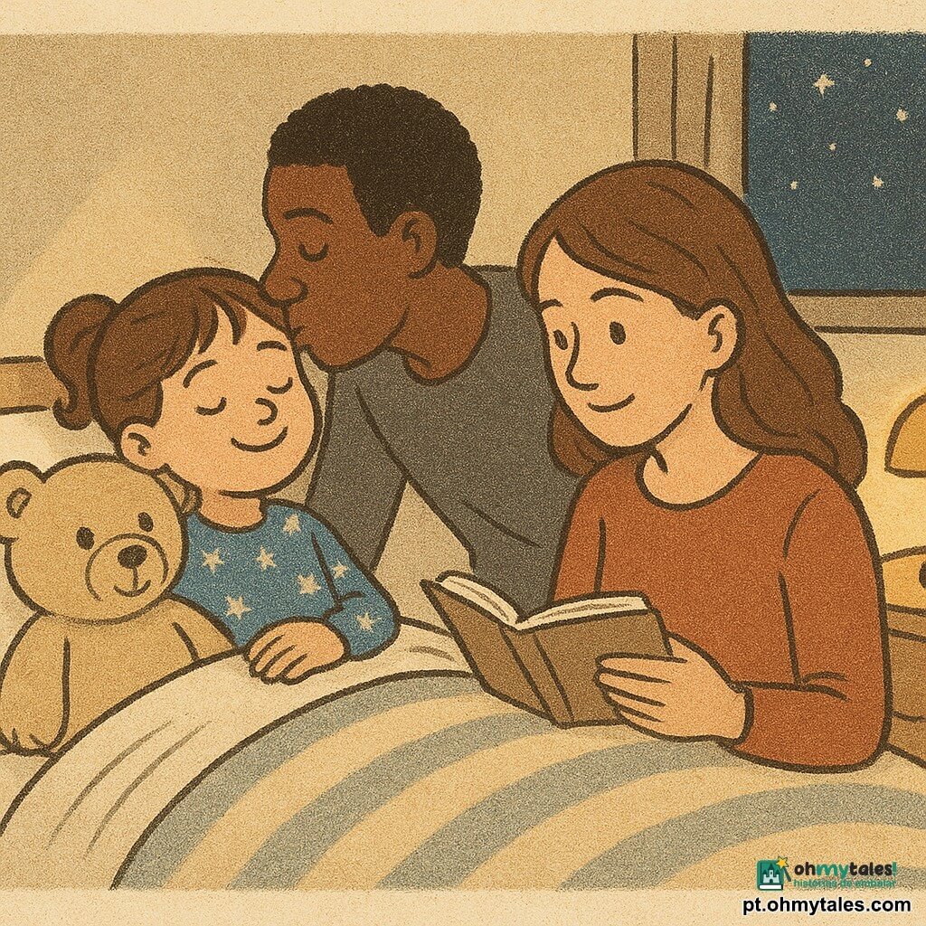 Uma menina de 4 anos, sorridente e serena, olhos semicerrados, cabelo castanho em coques, de pijama azul com pequenas estrelas brancas, deitada sob um cobertor às riscas com a mão sobre um grande ursinho de peluche bege; a mãe (c. 30 anos), rosto amável, cabelo solto, sentada à beira da cama a ler um livrinho aberto, olhar terno; o pai (c. 35 anos), expressão afetuosa, beijando a bochecha da filha junto à porta entreaberta; o ursinho ao lado da menina no travesseiro; quarto pequeno e arrumado, parede creme pastel, luz de presença dourada a projetar um brilho quente num canto, mesa de madeira clara com um copo de água e um livro, cortina leve meio aberta a revelar uma noite estrelada; cena de hora de dormir tranquila e acolhedora, luzes suaves, atmosfera segura, composição centrada na menina com a mãe à direita e o pai ao fundo.