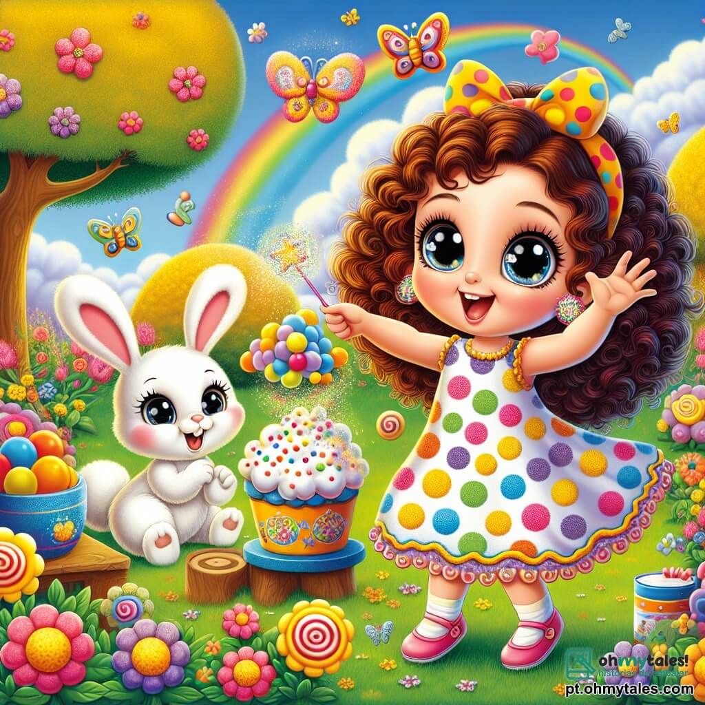 Uma menina de 4 anos, Sofia, com grandes olhos brilhantes e cabelos cacheados, está pulando de alegria em um jardim colorido, cercada por flores vibrantes e borboletas. Ela usa um vestido de bolinhas multicoloridas e segura uma varinha brilhante, seu rosto radiante de excitação e curiosidade. Ao seu lado, um coelho branco travesso chamado Pompom, com grandes orelhas e um sorriso travesso, observa Sofia com admiração. O jardim é cheio de cores vivas, com árvores de folhas douradas e um céu azul claro com nuvens em forma de doces. Ao fundo, um pequeno forno de brinquedo solta uma leve fumaça, adicionando um toque de magia à cena. Sofia, cheia de entusiasmo, tenta preparar um bolo que pula no ar, cercada por ingredientes divertidos como nuvens de algodão e balões, enquanto Pompom a incentiva com risadas.