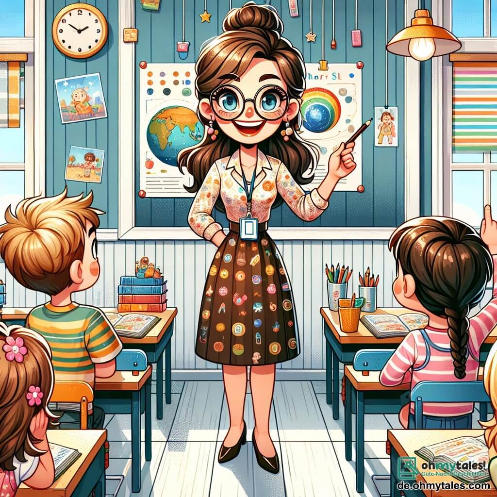 In der Mitte des Bildes steht eine Lehrerin, eine etwa dreißigjährige Frau mit langen braunen Haaren, die zu einem Dutt gebunden sind, und runden Brillen, die herzlich lächelt. Sie trägt eine bunte Bluse mit Motiven von Stiften und Büchern und zeigt ihren Schülern begeistert ein großes Poster des Sonnensystems, mit leuchtenden Augen. Rechts von ihr hebt Max, ein 8-jähriger Junge mit zerzausten blonden Haaren und Brille, aufgeregt die Hand, bereit, eine Frage zu stellen. Links von ihr hält Mia, ein 7-jähriges Mädchen mit geflochtenen braunen Haaren und einem Blumenkleid, einen Bleistift und ein Notizbuch in der Hand, bereit, das Gesehene zu zeichnen, mit einem staunenden Lächeln im Gesicht. Die Szene spielt in einem hellen Klassenzimmer mit hellblauen Wänden, aufgehängten Lehrpostern und Fenstern, die Sonnenlicht hereinlassen. Holztische sind im Halbkreis angeordnet, und bunte Bücher sind auf den Schreibtischen verteilt. Die Hauptsituation zeigt die Lehrerin, die leidenschaftlich die Wunder des Weltraums erklärt, während die Kinder aufmerksam zuhören und von dem Abenteuer, über das Sonnensystem zu lernen, gefesselt sind.