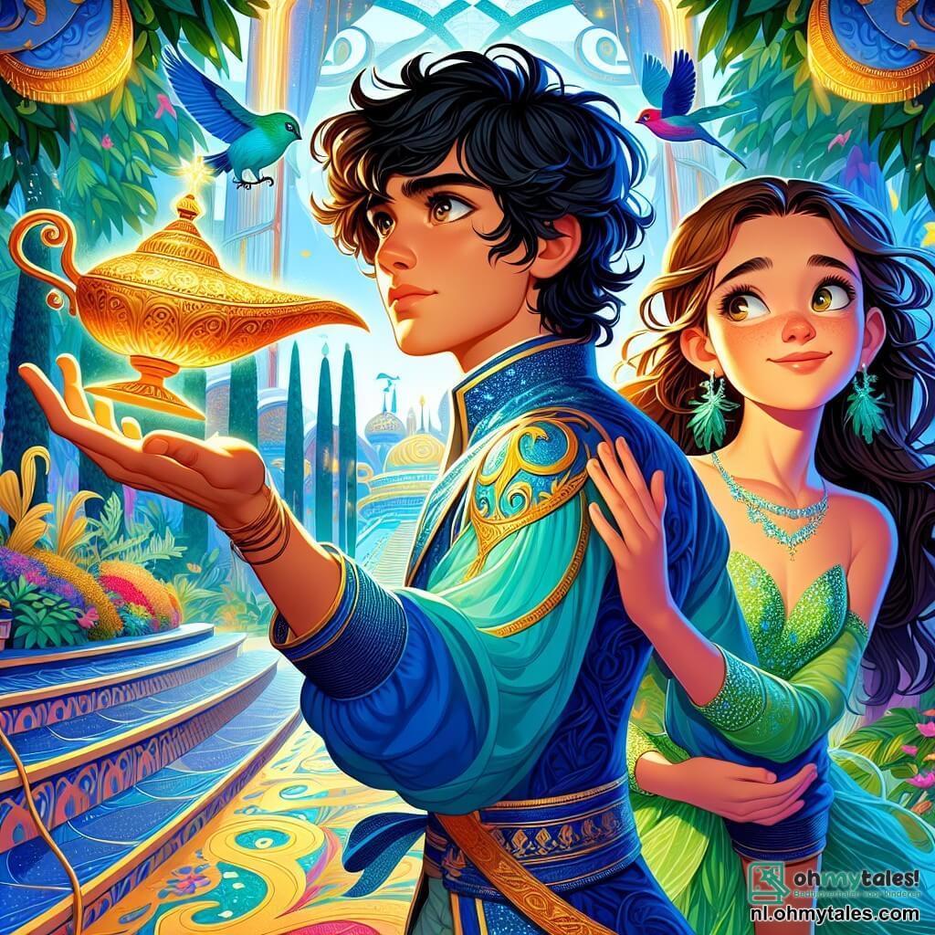 Aladdin, een jonge man met zwart, krullend haar, draagt een helderblauwe tuniek versierd met gouden patronen. Zijn gezicht straalt vastberadenheid en hoop uit terwijl hij rechtop staat, met zijn hand uitgestrekt naar een glinsterende magische lamp. Jasmine, een vijftienjarig meisje met lang bruin haar en sprankelende ogen, staat naast hem, gekleed in een stralende groene jurk, met gekruiste armen en een bemoedigende glimlach. De scène speelt zich af in de Grote Tuin, een weelderige ruimte in het hart van een futuristische stad, waar bomen met glanzende bladeren en kleurrijke bloemen bloeien onder een azuurblauwe lucht. Moderne gebouwen met golvende vormen omringen de tuin, wat een opvallend contrast met de natuur creëert. Aladdin en Jasmine bereiden zich voor om een wens te doen om de schoonheid van de tuin te herstellen, terwijl kleurrijke vogels om hen heen vliegen en een vleugje magie aan de sfeer toevoegen.
