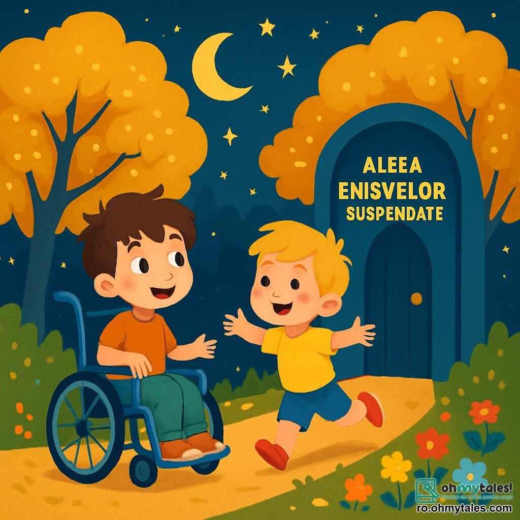 Există două personaje principale: David, un băiat de 5 ani, cu părul castaniu și ochi strălucitori, care stă într-un scaun cu rotile albastru, zâmbind și privind cu curiozitate în jur, și Nelu, un băiat de 5 ani, cu părul blond și obrașe roz, care aleargă vesel lângă David, cu brațele deschise ca și cum ar zbura, purtând un tricou galben aprins și o pereche de pantaloni scurți din denim. Acțiunea are loc pe o alee magică, marginită de copaci cu frunze aurii care strălucesc sub lumina lunii, iar solul este acoperit cu flori colorate care par să danseze în ritmul vântului blând. Stelele strălucesc pe un cer nocturn adânc, creând o atmosferă de basm. Povestea îi arată pe David și Nelu descoperind o ușă misterioasă la capătul aleii, cu inscripția „Aleea Enigmelor Suspendate” care strălucește ușor. Se privesc cu uimire, pregătiți să intre într-o lume plină de mistere și aventuri.