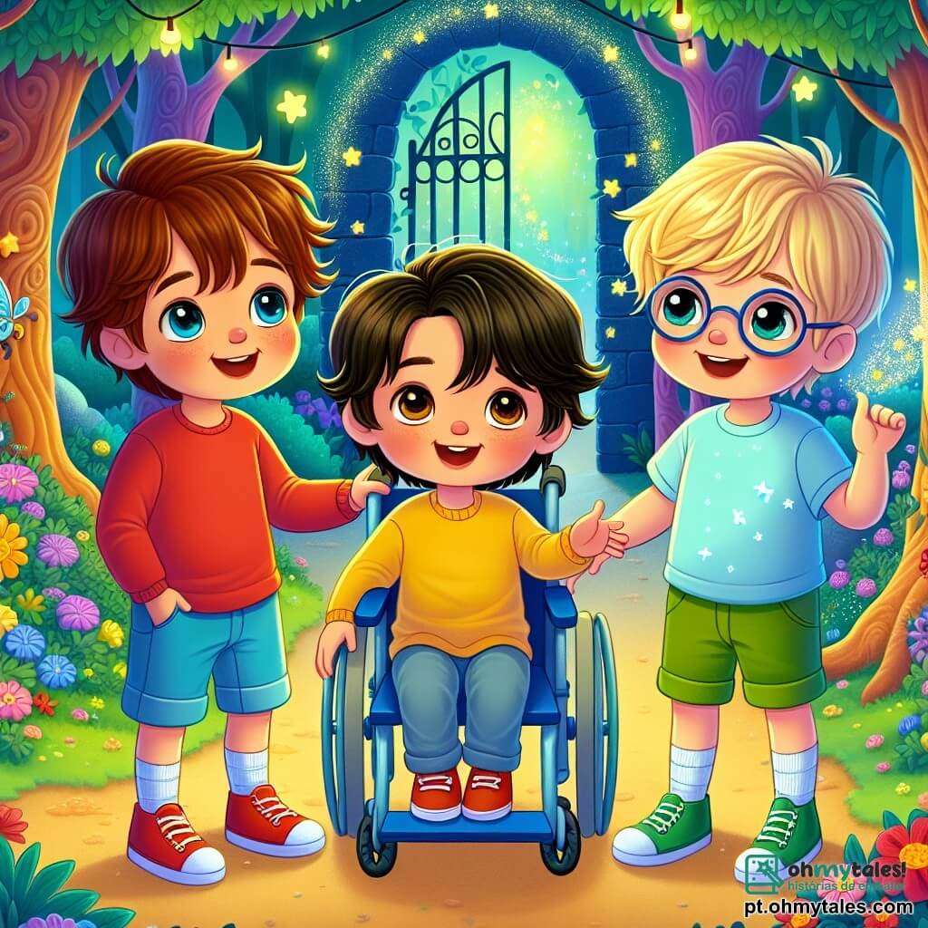 Num parque mágico, três meninos de cinco anos estão juntos, maravilhados. Miguel, com cabelos castanhos e olhos brilhantes, usa uma camiseta vermelha e um short azul, segurando um pequeno carrinho vermelho. Ao lado dele, Pedro, com cabelos loiros bagunçados e olhos sorridentes, veste uma camiseta amarela e uma calça verde, rindo enquanto aponta para uma bolha de sabão flutuante. Por fim, Tiago, com cabelos castanhos e óculos redondos, está sentado em sua cadeira de rodas azul, sorrindo com estrelas nos olhos, vestindo uma camiseta azul clara e um short laranja. O parque é um lugar encantador, cheio de árvores de troncos multicoloridos, flores que parecem dançar e luzes cintilantes flutuando no ar. Ao fundo, uma porta antiga, adornada com hera e flores vibrantes, se abre para um mundo mágico. Os três amigos descobrem a porta mágica, prontos para entrar em um mundo fantástico, com os rostos iluminados pela excitação e curiosidade, rodeados pela beleza feérica do parque.