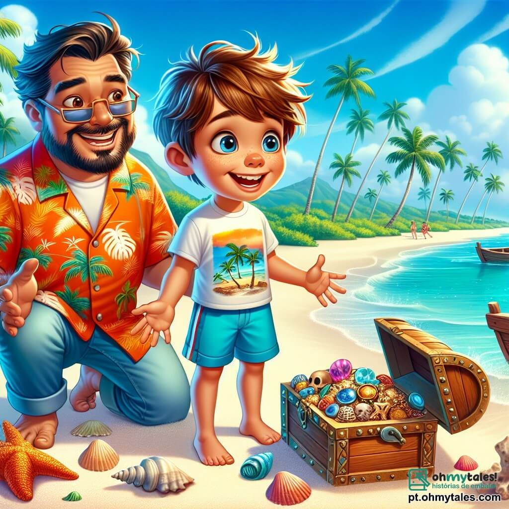 Um menino de 10 anos, Lucas, com cabelos castanhos bagunçados e olhos brilhando de curiosidade, está em uma praia de areia branca, com os braços abertos e um grande sorriso no rosto, maravilhado com a beleza da paisagem. Ele usa uma camiseta colorida com estampas de palmeiras e um short azul vibrante. Ao seu lado, Kimo, um homem havaiano de cerca de 40 anos, com uma camisa havaiana de cores vivas e óculos de sol, sorri enquanto mostra um mapa do tesouro a Lucas, os dois em pé perto de um velho barco de pesca encalhado na costa. Ao fundo, palmeiras balançam suavemente sob o céu azul, enquanto ondas turquesa se quebram suavemente na praia. A cena principal mostra Lucas e Kimo descobrindo uma caixa antiga cheia de tesouros brilhantes, cercados por conchas e corais, simbolizando uma aventura inesquecível no coração da cultura havaiana.