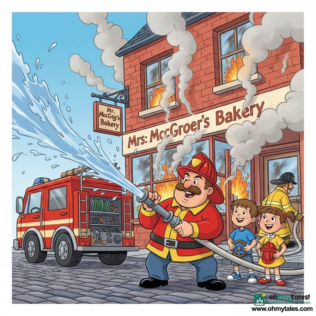 A round-faced fire chief with a bushy mustache and shiny red helmet, determined smiling expression and energetic stance, aims a water hose at flames; an about-8-year-old boy Max with short brown hair and a blue T-shirt stands on the red truck step holding the wheel, amazed and enthusiastic; an about-8-year-old girl Lucy with braids and a yellow dress, wide smile, holds a small helmet at her side admiring the chief next to the truck; firefighter Sam, a tall adult in yellow turnout gear and a black helmet, is focused and helping deploy the hose near the bakery door; scene in front of a small red-brick bakery named Mrs. McGregor’s Bakery with a dusty window on a cobbled street, a shiny red truck parked diagonally, gray smoke and white steam swirling; dynamic action with a powerful water jet striking orange flames and smoke, splashes and extinguished sparks, warm colors contrasting with blue sky and shiny metal truck.
