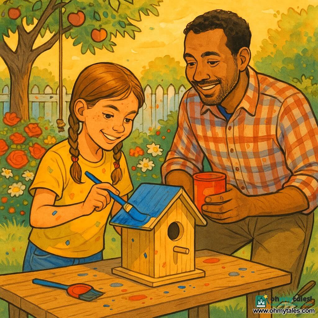 A radiant, focused 10-year-old girl with light brown hair in two braids, wearing a paint-stained yellow T-shirt and cut-off jeans, holds a blue brush painting a wooden birdhouse on a garden table while her about-38-year-old father, smiling with light stubble in a checked shirt and khaki pants, stands beside her holding a red paint pot and looking at her proudly; a small green garden with colorful flowerbeds, a weathered white fence, a rope swing on an apple tree and gardening tools on the grass form the background, the scene at golden sunset with warm light, long shadows and paint splatters on the table, a joyful intimate father-daughter moment centered on the painted birdhouse.