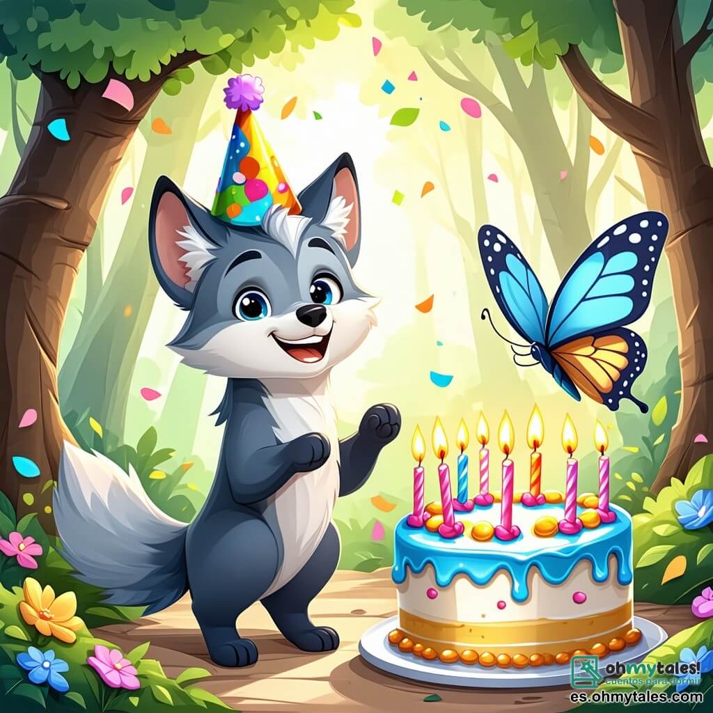 Un pequeño lobo llamado Luno, con pelaje gris y ojos brillantes de curiosidad, se encuentra en el centro de un claro del bosque, sonriendo con asombro. Lleva un pequeño sombrero de fiesta colorido y sostiene un pastel de cumpleaños decorado con velas encendidas. A su derecha, una mariposa mágica llamada Brisa, con alas azul brillante y doradas, vuela alegremente a su alrededor, mostrando una expresión radiante y juguetona. A su izquierda, un oso pardo llamado Baloo, grande y cálido, aplaude con una gran sonrisa, mientras que una pequeña rana verde llamada Rina canta alegremente sobre una piedra, con ojos brillantes de felicidad. El lugar es un hermoso valle bañado por la luz dorada del sol poniente, con flores multicolores y un arcoíris brillante en el cielo. La escena irradia una atmósfera festiva y mágica, llena de alegría y amistad. Luno celebra su cumpleaños rodeado de sus nuevos amigos, todos unidos en la alegría y la magia de este momento especial.