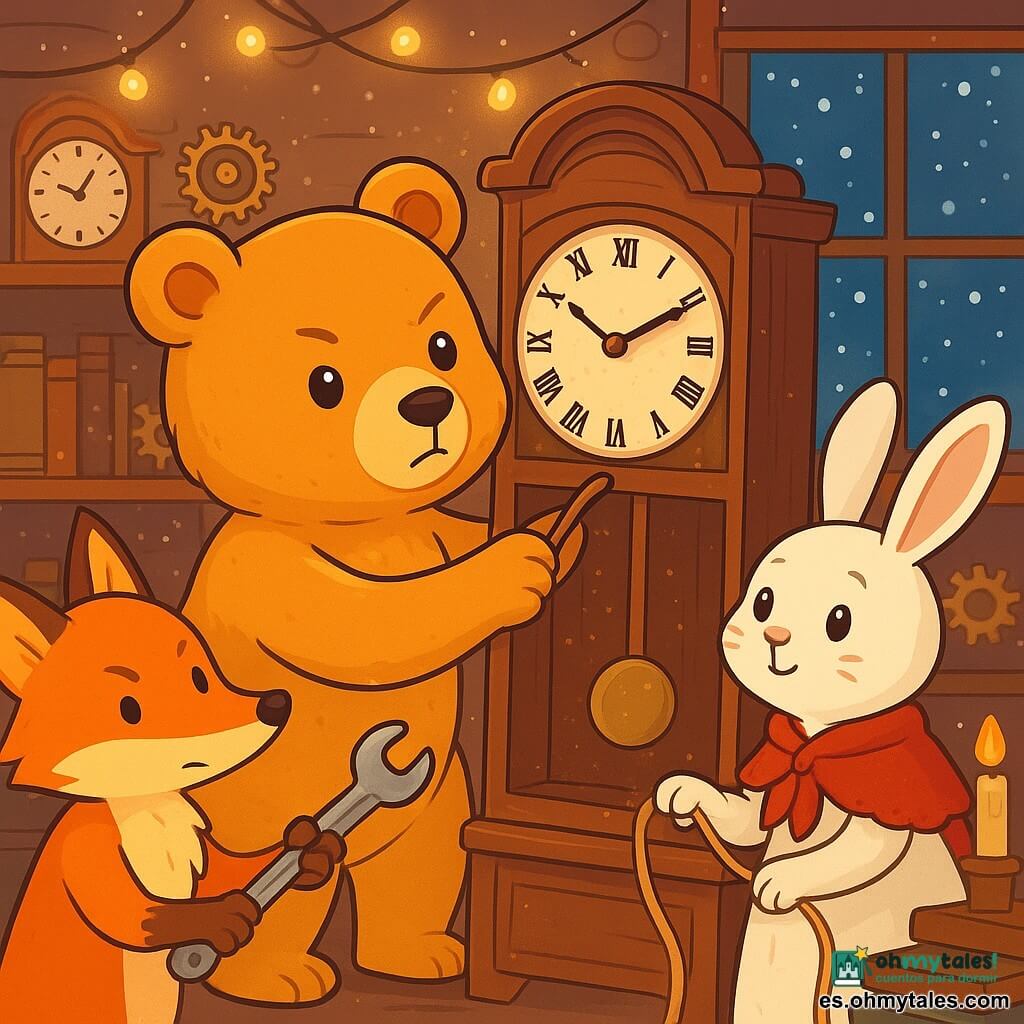 Un gran oso de peluche, Bruno, con un pelaje dorado y suave como la miel, se encuentra en el centro de la escena, con una mirada decidida y ojos brillantes de curiosidad. Ajusta una manecilla de un viejo reloj de madera, rodeado de polvo brillante. A su derecha, una pequeña coneja de grandes orejas, Madame Liebre, con pelaje blanco y un pequeño chal rojo, mira con esperanza, sosteniendo un hilo fuerte en sus patas. A la izquierda, un astuto zorro, Monsieur Zorro, con pelaje naranja brillante y una expresión concentrada, sostiene una herramienta de metal, listo para ayudar a su amigo. El decorado es un encantador taller de relojería, lleno de engranajes relucientes, libros antiguos y guirnaldas de luz, con copos de nieve que caen suavemente afuera. La escena muestra a Bruno y sus amigos trabajando juntos para reparar el gran reloj, sus rostros iluminados por la cálida luz de las velas, llenos de esperanza y camaradería.