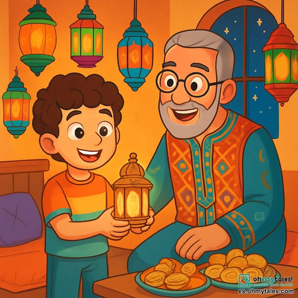 Un niño de 12 años, Amir, con cabello castaño y rizado, y ojos llenos de curiosidad, se encuentra en el centro de la imagen, sonriendo con asombro. Lleva una camiseta colorida y pantalones ligeros, sosteniendo un pequeño farolillo dorado iluminado por una suave luz. A su derecha, el señor Farid, un hombre de unos 50 años con barba gris bien cuidada y gafas redondas, sonríe calurosamente, vestido con una túnica tradicional de colores. Se inclina ligeramente hacia Amir, compartiendo un momento de complicidad. En el fondo, la casa del señor Farid está decorada con hermosos farolillos de colores, iluminando la habitación con un brillo cálido. Hay cojines suaves en el suelo y una mesa llena de deliciosos postres orientales. La escena muestra un momento alegre donde Amir descubre la magia de las tradiciones del Ramadán, rodeado de risas y luz, mientras la noche estrellada brilla a través de la ventana abierta, añadiendo un toque de magia a la atmósfera festiva.