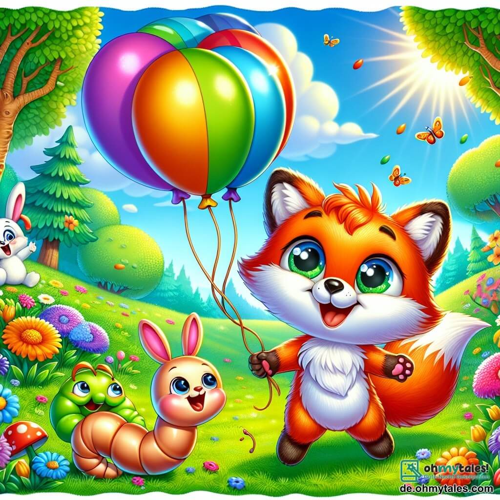Ein kleiner schelmischer Fuchs mit leuchtend orangefarbenem Fell und funkelnden Augen steht auf seinen Hinterbeinen, während ein kleiner spitzer Hut auf seinen Ohren rutscht und ein breites Lächeln sein Gesicht ziert, während er versucht, einen großen bunten Ballon zu fangen, der über ihm schwebt. In der Nähe schaut ein kleiner, glitschiger Regenwurm mit glänzendem Körper und freundlichem Gesicht den Fuchs ermutigend an und bereitet sich darauf vor, ihm zu helfen, den Ballon zu erreichen. Ein niedlicher Hase mit großen weißen Ohren sitzt im Gras und lacht herzhaft, seine Augen strahlen vor Freude, während er die Szene amüsiert beobachtet. Der Hintergrund ist ein wunderschöner, bunter verwunschener Garten, gefüllt mit leuchtenden Blumen, großen Bäumen mit üppigem grünem Laub und einem klaren blauen Himmel, der mit watteartigen Wolken durchzogen ist. In dieser Illustration versucht der Fuchs, hochzuspringen, um den Ballon zu fangen, während der Regenwurm am Baumstamm hinaufklettert und der Hase sich vor Lachen im Gras rollt, was eine fröhliche und spielerische Atmosphäre schafft.