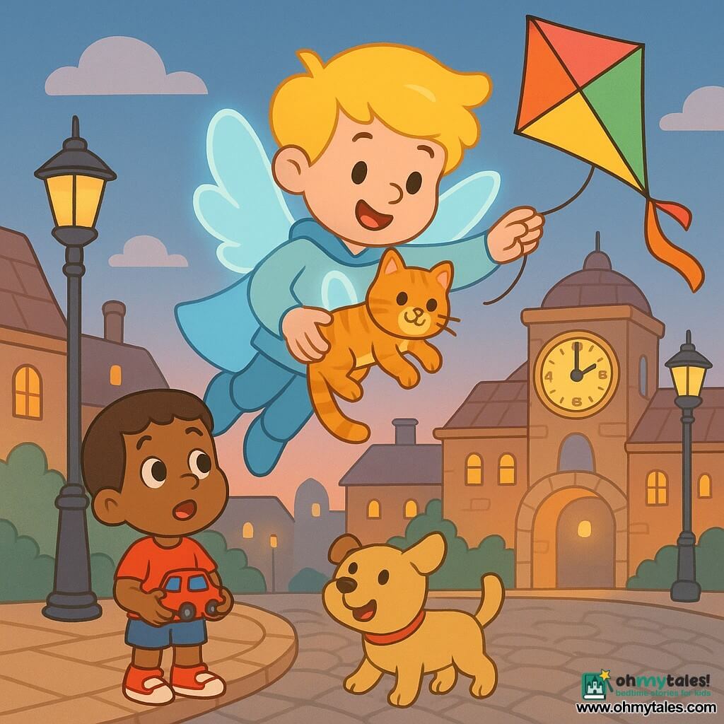 A young man, Finn, round smiling face and sunlit blond hair, pale glowing blue cape and small translucent wings, joyful and kind, floats gently holding an orange kitten and releasing a colorful kite; a five-year-old boy with short brown hair and wide eyes stands on the left sidewalk holding a small red toy car, a compact beige dog wags its tail near him on the right; in front of a large stone clock with golden numerals, rounded roofs, tall lampposts and cobbled streets lit by warm evening lights, Finn has rescued the kitten from a ledge and restarted the clock while the kite flies above the square in a soft, pastel, simple rounded style.