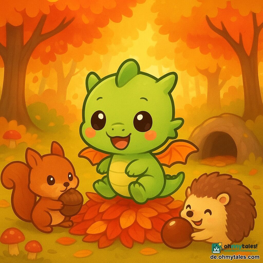 Ein kleiner, niedlicher Baby-Drache steht zentral, lächelnd und fröhlich mit runden, glänzenden Augen, zarter grüner Haut und kleinen orangefarbenen Flügeln, er springt auf einem Haufen roter und gelber Blätter; links vom Drachen sitzt ein rotbraunes Eichhörnchen, konzentriert und zufrieden, eine große braune Nuss zwischen den Pfoten haltend; rechts ein pummeliges Igelchen, lachend, schiebt mit seiner Schnauze eine glänzende Kastanie in Drachenähe; im Hintergrund eine gemütliche Höhle als Zuhause des Drachens mit einem Blattlehm vor dem Eingang; der Herbstwald zeigt rote, orange und gelbe Blätter an geschwungenen Zweigen und einige bunte Pilze am Boden; das Licht ist sanftes Spätnachmittagslicht mit goldenen Strahlen zwischen den Bäumen und warmen Schatten; verspielte, warme, ruhige und kuschelige Atmosphäre, sehr farbenfroh, einfache runde Formen und klare Konturen, leicht lesbar für Kleinkinder.