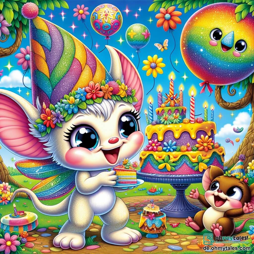 Ein kleiner Wichtel mit schimmernden, regenbogenfarbenen Flügeln steht voller Freude im Mittelpunkt einer Geburtstagsfeier, mit einem großen Lächeln im Gesicht. Er trägt einen spitzen Hut, der mit bunten Blumen geschmückt ist, und hält ein riesiges Stück Kuchen in seinen kleinen Händen. Neben ihm springt eine freche Maus mit braunem Fell und großen, funkelnden Augen vor Freude, ihre kleinen Pfoten in die Luft erhoben. Ein freundlicher Drache mit glänzenden Schuppen und runden Augen schwebt in der Luft, lacht und trägt einen Kuchen auf seinem Kopf, was der Szene einen humorvollen Touch verleiht. Die Szene spielt in einem magischen Park, der mit bunten Blumen gefüllt ist, die im Rhythmus einer sanften Brise tanzen, und mit Blumenballons, die am blauen Himmel schweben. Die Bäume mit spiralförmigen Stämmen und funkelnden Blättern umgeben den Ort und schaffen eine märchenhafte Atmosphäre. Der kleine Wichtel und seine Freunde bereiten sich darauf vor, einen riesigen Geburtstagskuchen zu genießen, umgeben von Lachen und Spielen, und feiern gemeinsam einen Moment reiner Freude und Freundschaft.