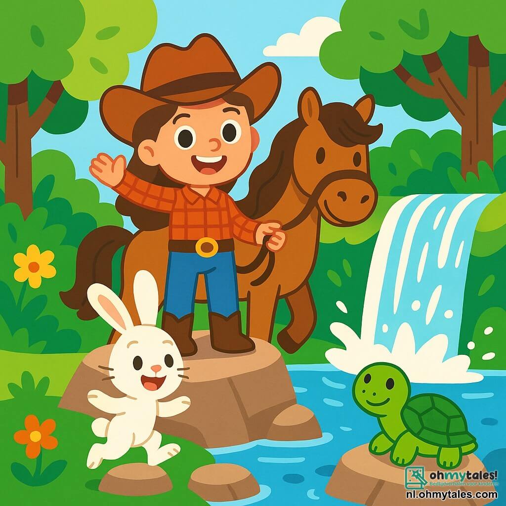 Een dappere cowgirl, Lila, staat op een rots aan de rand van een prachtige waterval, met stralende ogen van vreugde en een grote glimlach op haar gezicht. Ze draagt een leren cowboyhoed, een rood geruit shirt en een blauwe spijkerbroek, en ze houdt de teugels van haar paard, Benny, een prachtige bruine mustang met golvend haar. Naast haar springt Mia, een klein wit konijntje met grote oren, vrolijk rond de stenen, met sprankelende ogen van opwinding. Iets verderop kijkt Sam, een wijze schildpad met een groene schild en zachte ogen, bewonderend naar Lila terwijl hij op een platte steen aan de waterkant zit. De locatie is een weelderig bos met grote bomen met glanzende bladeren, kleurrijke bloemen die eromheen groeien, en een schitterende waterval die in een kristalhelder bassin valt, met sprankelende spetters onder de zon. De belangrijkste situatie toont Lila en haar vrienden die hun avontuur vieren, lachend en spelend bij de waterval, omringd door de schoonheid van de natuur, vervuld van geluk en kameraadschap.