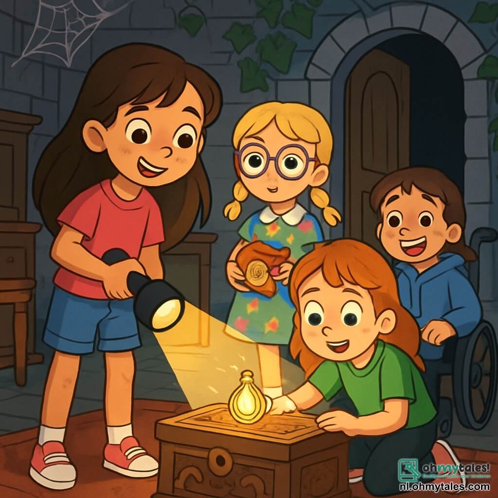Er zijn 4 kinderen: - Noor: een 8-jarig meisje met lang bruin haar en sprankelende ogen. Ze draagt een roze t-shirt en een spijkerbroek. Noor staat rechtop en houdt een zaklamp vast die de weg voor haar verlicht. - Kim: een 8-jarig meisje met blonde vlechten en ronde brillen. Ze draagt een bloemenjurk en houdt een doos koekjes in haar handen. Kim staat iets achteraan en kijkt nieuwsgierig. - Lisa: een 8-jarig meisje met rood haar en sproeten. Ze draagt een groene t-shirt en zwarte broek. Lisa zit op haar hurken bij een oude kist en bekijkt het glinsterende amulet. - Esra: een 8-jarig meisje met kastanjebruin haar en een grote glimlach. Ze zit in haar rolstoel en draagt een blauwe hoodie. Esra kijkt aandachtig naar haar vriendinnen, klaar om te helpen. De locatie is een oud mysterieus herenhuis met grijze stenen muren bedekt met groene klimop. Het licht van de zaklamp verlicht spinnenwebben in de donkere hoeken, en een groot stoffig tapijt bedekt de krakende houten vloer. Oude meubels staan verspreid en een grote houten deur, die een beetje openstaat, laat de duisternis binnenin zien. De hoofdscène toont de vier vrienden die een oude versierde kist ontdekken met een glinsterend amulet erop. Ze zijn allemaal gefascineerd en nieuwsgierig, klaar om het mysterie van het amulet op te lossen dat hen naar een ongelooflijk avontuur kan leiden.