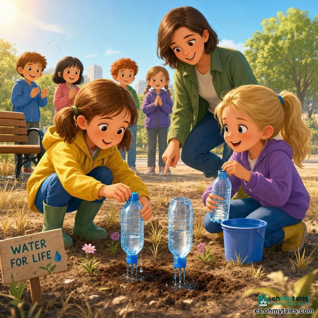 Una niña de 8 años, feliz y concentrada, con pecas y coletas castañas, lleva chaqueta amarilla y botas verdes; coloca una botella de plástico azul convertida en riego por goteo en la tierra. Su amiga Clara, también de 8 años, piel clara y coleta rubia, arrodillada, rellena otra botella y la mira orgullosa. La maestra, mujer de unos 30 años, sonriente y atenta, señala dónde plantar las botellas. Varios niños más pequeños (5–6 años) observan y aplauden al fondo. Lugar: un rincón seco de un parque urbano con suelo polvoriento, césped amarillento, un banco de madera a la izquierda, árboles a lo lejos y un pequeño cartel vegetal artesanal en el suelo. Situación: instalación colectiva de riego por goteo con botellas recicladas — gotas visibles en el tapón, tierra humedeciéndose, flores empezando a reverdecer; luz suave, cielo azul claro y colores vivos.