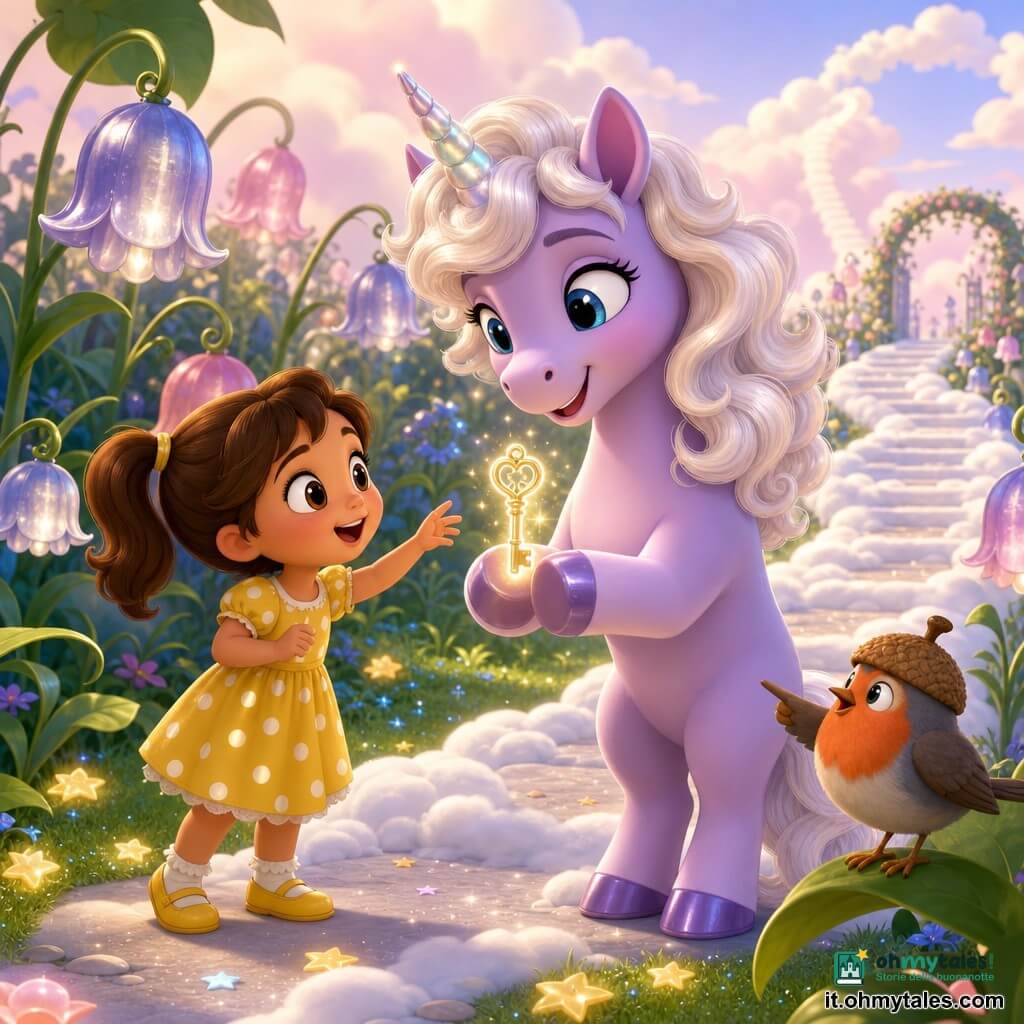 Unicorno femmina di nome Lilla, gioiosa e benevola, criniera riccia color crema, mantello lilla satinato, corna a spirale madreperlacee, occhi azzurri grandi, sorride tenendo una piccola chiave luminosa fluttuante tra gli zoccoli; bambina di 5 anni con capelli castani a code e vestito giallo a pois alla sinistra di Lilla, stupita e con la mano tesa verso la chiave; piccolo pettirosso con microcappello a ghianda posato su una foglia a destra e becco puntato verso un sentiero di nuvole; giardino fatato con erba verde lucente, fiori a campanella argentati, sentiero di nuvole e stelle cadute che scintillano; scena tenera e magica al bordo del sentiero, luce soffusa, pastelli saturi, atmosfera calda e sicura; inquadratura medio-lunga leggermente dal basso per esaltare l'unicorno, profondità con il sentiero che si allarga; stile: texture lisce, contorni netti in cel-shading, illuminazione morbida, ombre sottili e riflessi madreperlacei sulla corna.