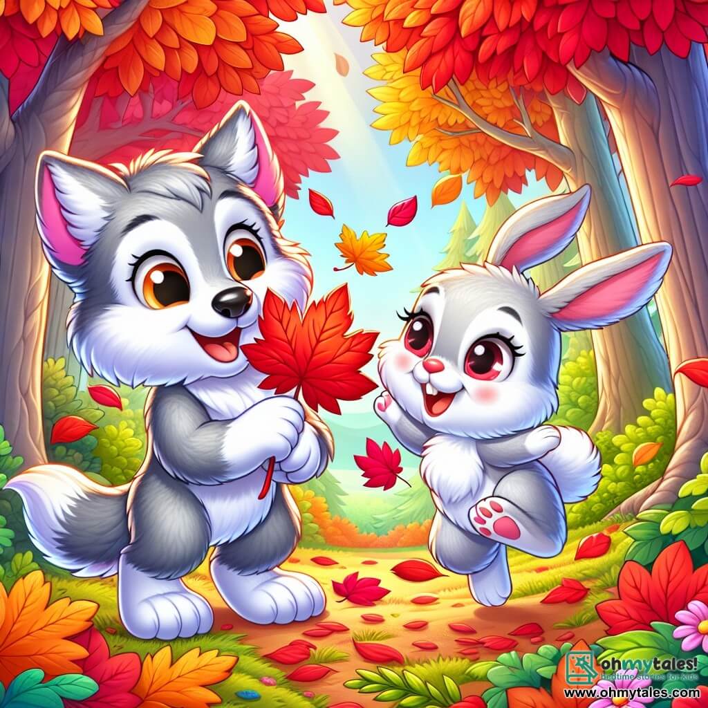 A small gray wolf with soft fur, big bright eyes, and a joyful smile holds a red leaf in its front paws, amazed by its vibrant color. Next to it, a little rabbit with large white ears and sparkling eyes jumps for joy, holding a yellow leaf in its paws. They are in an enchanted forest where majestic trees are adorned with bright red, yellow, and orange leaves, and the ground is covered with a carpet of crunchy leaves. The scene shows the little wolf and the rabbit playing and laughing together, while a gentle breeze makes the leaves dance around them, creating a joyful autumn atmosphere.