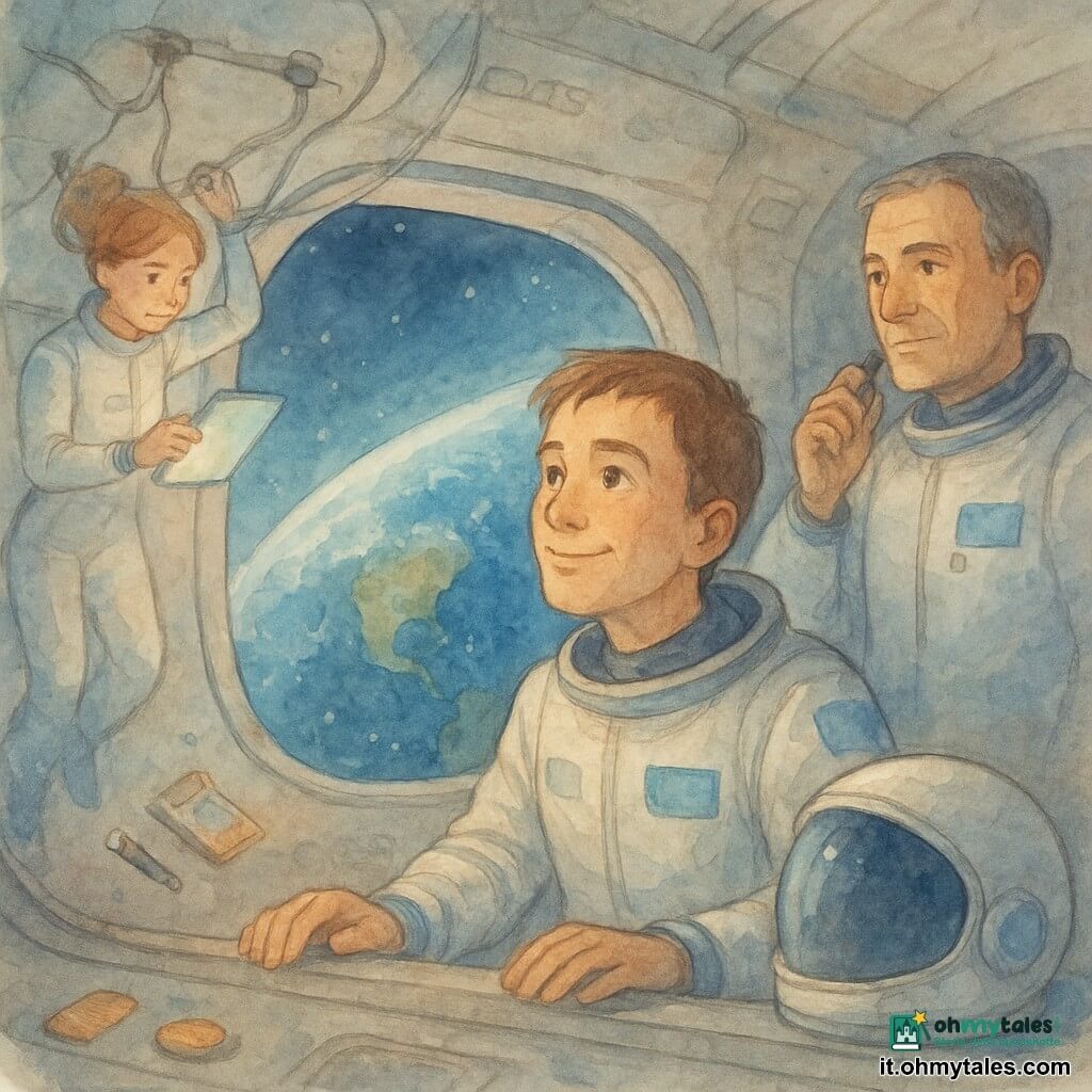 Un uomo astronauta sui trent'anni, sorridente e commosso, osserva la Terra attraverso un grande oblò ovale; indossa una tuta spaziale bianca con dettagli blu, casco accanto, capelli castani corti e viso dolce con fossetta. Dietro di lui un comandante collega di circa 50 anni, serio ma benevolo, tiene un pulsante di comunicazione; a sinistra una giovane ingegnera di circa 28 anni fluttua con i capelli rossi raccolti, tiene una tavoletta luminosa e sistema cavi sospesi. L'interno è la cupola di una stazione spaziale con pareti metalliche chiare, pannelli solari visibili all'esterno e piccoli oggetti galleggianti; dalla finestra si vede la Terra blu e bianca con nuvole e un continente verde, atmosfera dolce e magica, luce fredda blu con riflessi caldi che suggeriscono l'assenza di gravità. Stile: acquerello delicato, colori lavati, contorni morbidi, texture di carta visibile, atmosfera calda e ispirante per bambini.
