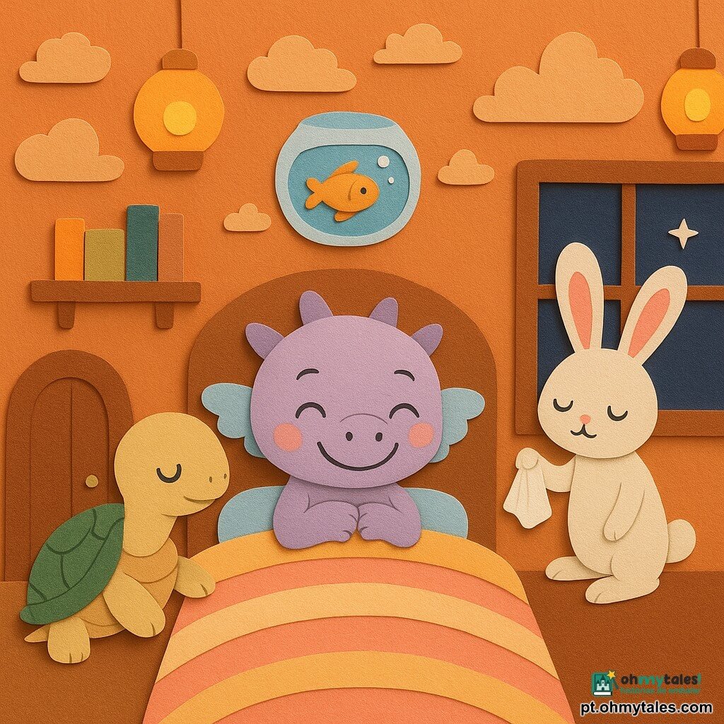 Um pequeno dragão lilás de corpo redondo e asas cor de nuvem, sorrindo com olhos semicerrados, aconchegado sob uma manta listrada com as patas no peito; ao lado, uma tartaruga bege com carapaça verde manchada, rosto doce e olhos cansados, sentada na beirada da cama a acenar afetuosamente; um coelhinho branco de orelhas rosadas acenando com um lenço pela janela à direita; um peixinho dourado numa bolha de água em vidro flutuando perto da lâmpada e soltando uma bolha cintilante; quarto em tom canela com desenhos de nuvens e elefantes voadores nas paredes, lanternas pendentes como vagalumes, prateleira de madeira com livros e porta redonda; cena de hora de dormir calma e terna, iluminação quente e texturas de papel recortado, atmosfera acolhedora em tons pastéis, centrada no dragão com amigos reunidos ao redor.