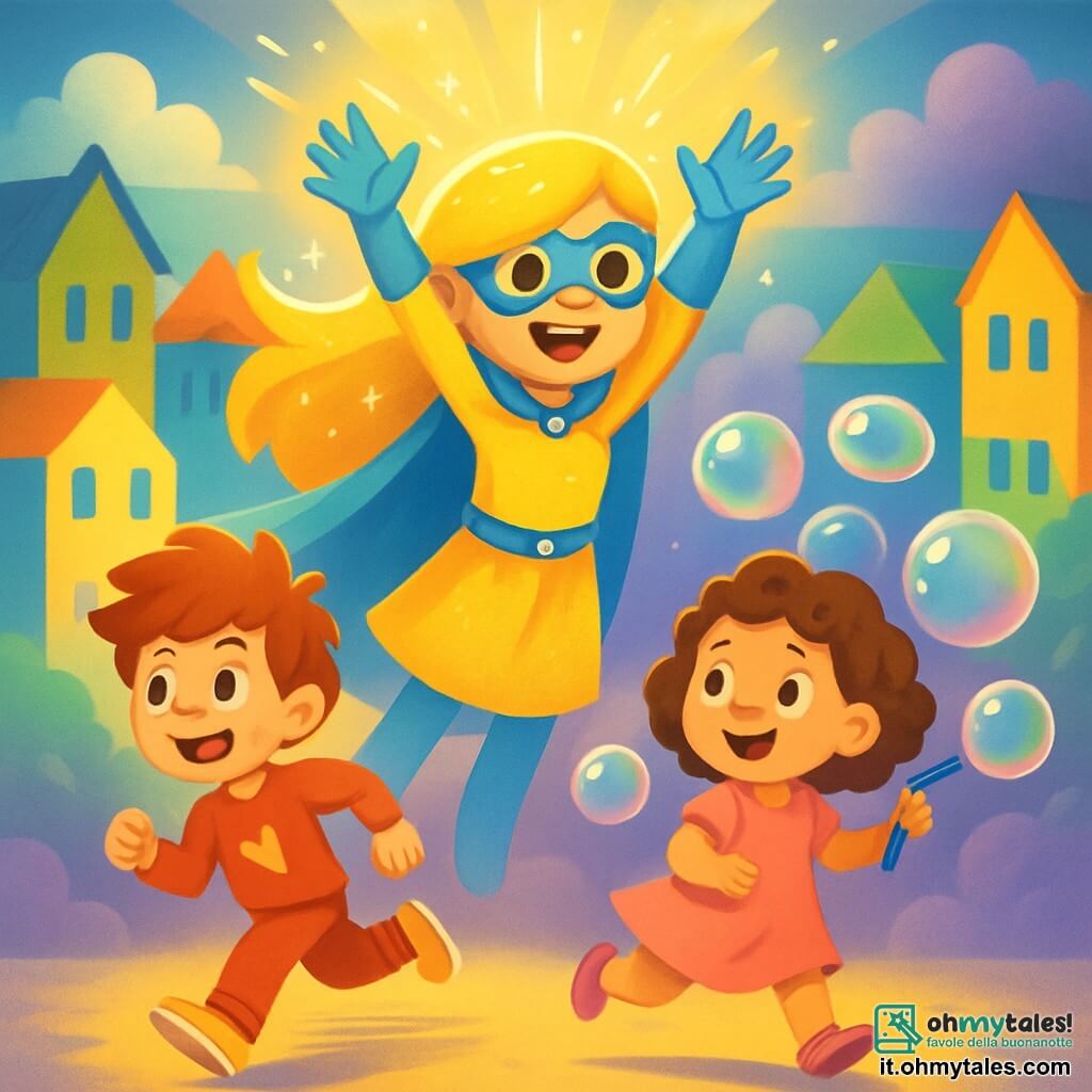 Luminosa, una supereroina sorridente con lunghi capelli dorati scintillanti, indossa un leggero mantello blu che fluttua attorno a lei. Ha occhi brillanti di eccitazione e alza le braccia, illuminando la scena con la sua luce magica. Accanto a lei, Fulmine, un ragazzo di 8 anni con capelli arruffati e vestiti rossi, corre con entusiasmo, i suoi piedi sfocati testimoniano la sua incredibile velocità. Bollicina, una ragazza di 7 anni con capelli ricci e un vestito rosa, crea grandi bolle colorate che fluttuano attorno a loro, aggiungendo un tocco di magia all'atmosfera. La scena si svolge nella Città Splendente, una città vibrante con case dipinte di colori vivaci e nuvole di zucchero filato che fluttuano in un cielo azzurro. L'azione principale mostra Luminosa e i suoi giovani amici pronti ad affrontare una strana nebbia viola che avvolge la città, rendendo tutto sfocato e triste. Si tengono insieme, determinati e pronti a riportare gioia e colore nel loro mondo.