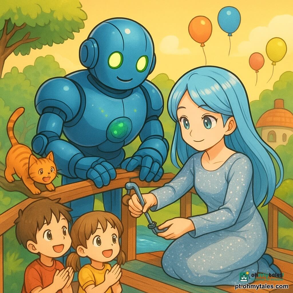 Mulher heroína de sorriso suave, cabelos longos azul‑céu e traje prateado, ajoelhada apertando um parafuso no corrimão; grande exoesqueleto robótico azul metálico, arredondado, com braços poderosos e luzes verdes piscando, segura parte do corrimão levantada e emite uma luz verde tímida de alegria; um menino de cerca de 6 anos de cabelo castanho curto segura a mão de uma menina de 5 com rabo de cavalo, observando e aplaudindo suavemente pela esquerda; um gato laranja listrado empoleirado numa rama baixa perto da grade, miando pronto para descer; cena numa pequena passarela de madeira colorida sobre um riacho brilhante, casas de telhados arredondados, árvores verdes ondulantes e balões coloridos ao fundo; foco na mulher e no robô consertando juntos o corrimão, luz dourada do sol, atmosfera calorosa e segura, cores vivas e traços arredondados e suaves.