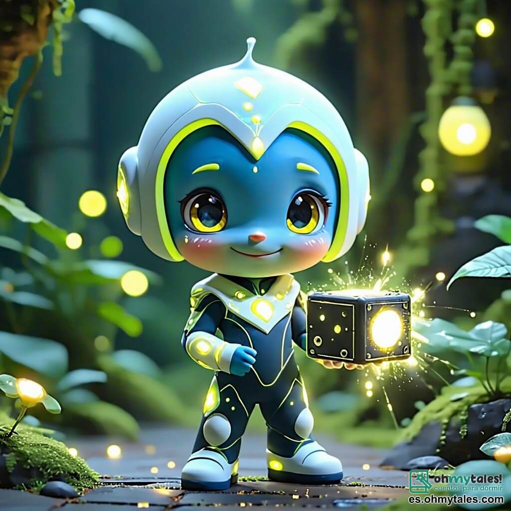 Tiko, un pequeño ser de ojos amarillos brillantes y piel azul intensa, se encuentra en el centro de la escena, con una amplia sonrisa de emoción en su rostro. Lleva un traje futurista adornado con patrones luminosos y sostiene un misterioso cubo negro en sus manos, iluminado por un suave resplandor. A su lado, Viri, otro pequeño ser con manchas verdes y ojos azules, expresa gran curiosidad, con los brazos levantados en señal de asombro. Lleva una túnica colorida y observa el cubo con fascinación, manteniéndose ligeramente atrás para verlo mejor. El escenario es un laboratorio futurista, con paredes de vidrio transparente, donde hologramas flotan a su alrededor. Equipos tecnológicos, cables y pantallas brillantes llenan el espacio, mientras una luz intensa emana de un generador en el fondo, iluminando la habitación con una aura cálida y dinámica. La situación principal muestra a Tiko y Viri activando el generador, un momento de tensión y emoción, mientras una ola de energía luminosa comienza a expandirse por la habitación, simbolizando el renacimiento de su ciudad futurista, Luminaria.