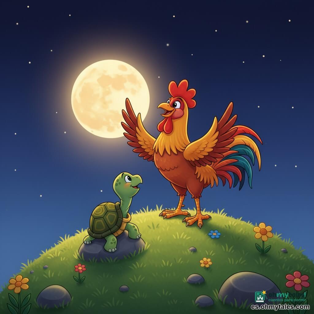 Gallo valiente en la cima de una montaña, expresión maravillada y alegre, plumas doradas y rojas brillantes, cresta roja, patas sólidas, alas ligeramente abiertas hacia la luna; tortuga amiga, lenta y dulce, sentada más abajo sobre una roca, caparazón verde con motivos amarillos, mirada tierna mirando al gallo con admiración; cielo nocturno azul índigo con una gran luna redonda y brillante cerca del horizonte que proyecta rayos dorados suaves; montaña redondeada con hierba corta, flores coloridas y pocas piedras lisas, ambiente calmado y mágico, iluminación suave y contrastes marcados estilo cel-shading; escena esperanzadora y tierna: el gallo apunta el pico a la luna mientras la tortuga lo anima, composición centrada y clara para niños.