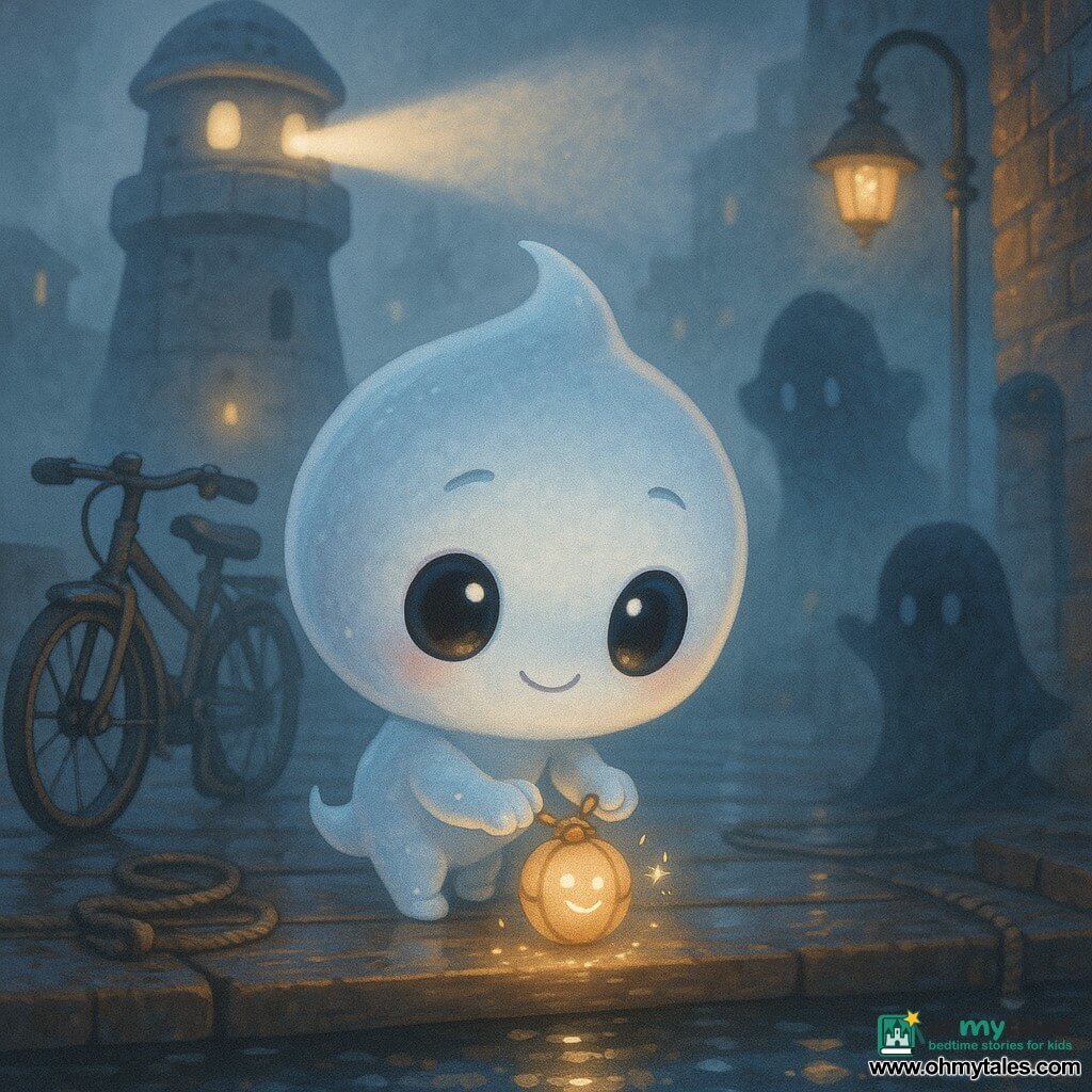 The main character is a small glowing wisp creature, round and floating, silver and pale blue with bright round eyes and a shy smile, gently placing a small golden lantern-ball on a wet dock plank; an ancient anthropomorphic lighthouse stands left in the background, a massive stone silhouette with soft light-eyes and a long white beam sweeping the fog, watching the wisp kindly; a nonthreatening curved shadow figure stands to the right, blurry midnight-blue with clouded edges, stepping back in surprise; a rusty bicycle leans against a wooden crate nearby with peeling paint and a small reflective puddle; the setting is an old urban seaside dock with wet wooden planks, ropes, crates, weathered iron lamp posts, light-diffusing mist, wet brick walls and colorful reflections in dark water; the scene shows the wisp placing the final beacon at the dock edge, the golden orb casting a warm glow that produces a shimmering smile in the air, contrasting soft light with cold mist to create a magical, reassuring atmosphere.