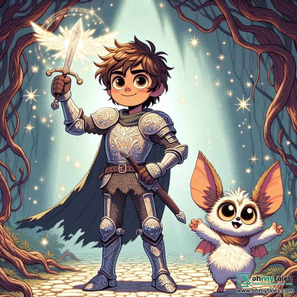 In the center of the image, a young man named Cedric stands proudly, dressed in shimmering armor that reflects the sun's rays. He has tousled brown hair and determined eyes, firmly holding his enchanted sword, ready to defend the kingdom. His face shows both courage and a slight smile, indicating he is prepared for the challenge ahead. Beside him, Fizzle, a small Spriggan with large ears and sparkling eyes, joyfully jumps. He has soft, fluffy fur and a little tuft of hair on his head. Fizzle raises a hand, casting sparks of light to encourage Cedric, wearing a mischievous and enthusiastic expression. The setting unfolds in a shadowy valley, where twisted trees and gnarled branches create a mysterious atmosphere. Shadows dance around them as a halo of light emanates from the Crystal of Light, resting on an ancient stone altar adorned with magical runes. The scene captures the moment Cedric, armed with his sword, prepares to confront the evil sorcerer looming before him, a dark and menacing figure, while the crystal's light illuminates the path of bravery.