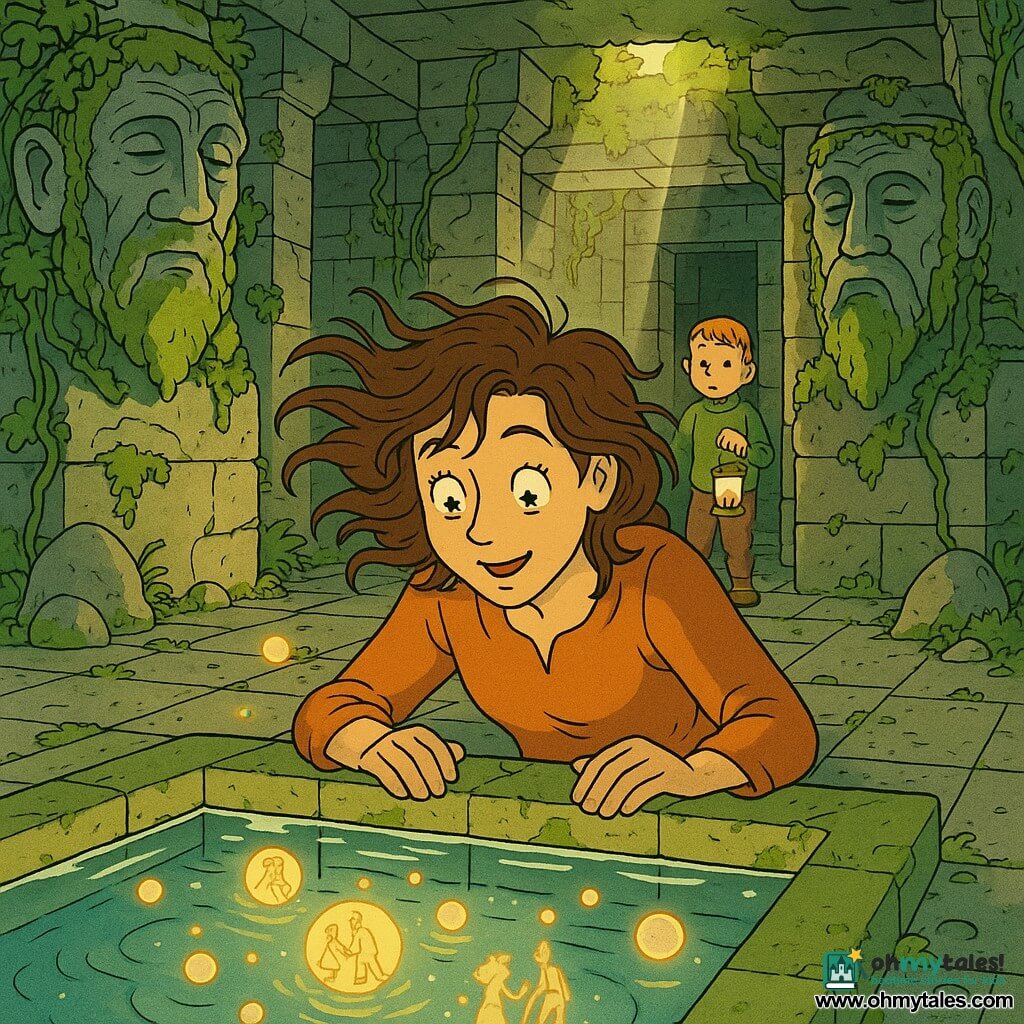 A woman, Elara, with a soft determined face and wind-tousled brown hair, eyes bright like stars, stands serenely with her hands on the edge of a crystalline pool, leaning to watch her reflection; an about 8-year-old curious blond boy watches shyly from the temple entrance a few steps behind her, clutching a small lantern; two large weathered stone statues covered in ivy and moss frame the pool like silent guardians; the setting is an ancient stone temple on an island, cracked walls with roots and vines, wet flagstones reflecting light, sunbeams filtering through a hole in the roof, creating a peaceful, magical atmosphere; the pool shimmers with small luminous visions of the past—floating light bubbles—and the composition centers on the pool and Elara’s awed face, in warm golds and deep greens.