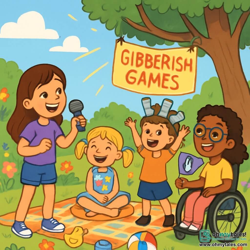 There are 4 children: Mia, an 8-year-old girl with long brown hair, wearing a purple t-shirt and denim shorts, holding a toy microphone and smiling enthusiastically; Lila, a 6-year-old girl with blonde pigtails, dressed in a colorful floral dress, sitting cross-legged on a cushion with a big smile; Harper, a 9-year-old girl with short brown hair, wearing a crown made of socks, standing with her arms raised as if announcing an event; and Zoe, a 7-year-old girl in a wheelchair, with curly hair and glasses, joyfully smiling while holding a homemade flag, ready to cheer for her friends. The scene takes place in a sunny garden filled with colorful flowers, scattered toys, and a large patterned blanket under a big tree. The blue sky has a few white clouds, and sunlight brightens the scene. The main situation shows the children in a friendly competition during the "Gibberish Games," laughing and having fun as they prepare to participate in the penguin race, with joyful expressions and exaggerated gestures.