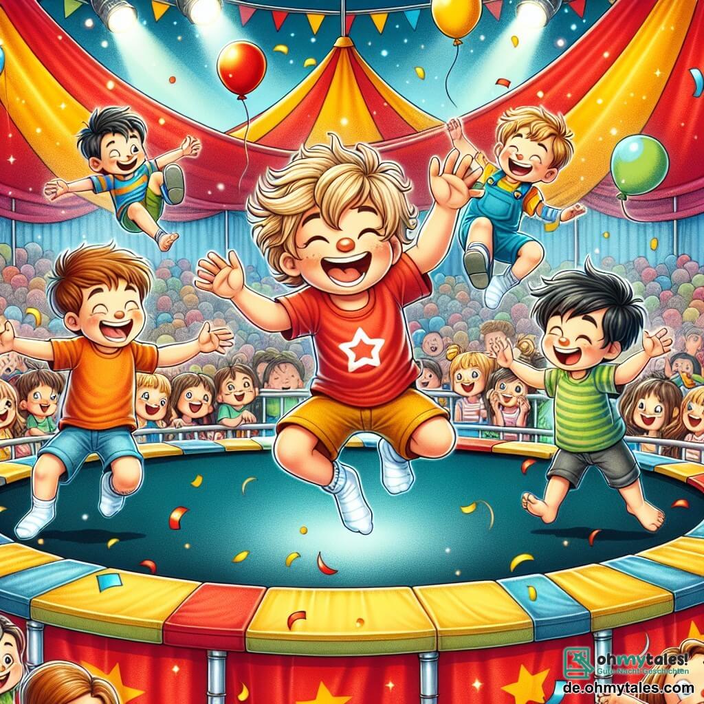 Im Zentrum des Bildes springen drei Jungen fröhlich auf einem großen Trampolin. Max, ein 8-jähriger Junge mit zerzausten blonden Haaren und einem roten T-Shirt, lächelt in die Luft. Rechts von ihm hebt Leo, ein 7-jähriger Junge mit braunen Haaren und einem blauen T-Shirt, lachend die Arme. Links macht Ben, ein 6-jähriger Junge mit schwarzen Haaren und einem grünen T-Shirt, eine lustige Grimasse beim Springen. Im Hintergrund ist das Zirkuszelt bunt, mit roten und gelben Streifen, die im Licht glänzen. Luftballons schweben und begeisterte Zuschauer schauen den Jungen lächelnd zu. Die Szene zeigt die Jungen, die auf dem Trampolin Spaß haben, umgeben von einer festlichen Atmosphäre, mit fallenden Konfetti und einem lachenden Clown daneben, der bereit ist, sich ihnen beim Springen anzuschließen.