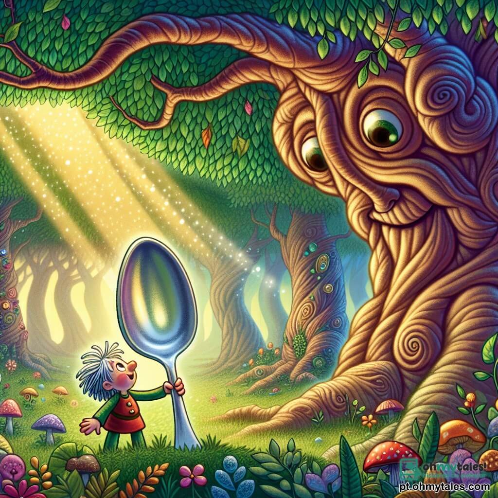 No coração de uma floresta misteriosa, uma pequena colher de metal brilhante, chamada Clara, se posiciona corajosamente no centro da imagem. Seus olhos brilham de excitação e determinação enquanto observa uma grande árvore antiga, cujos galhos formam um rosto amigável. A árvore, com seu tronco nodoso e suas folhas verdes luxuriantes, sorri suavemente para Clara, seus olhos calorosos refletindo sabedoria e bondade. Ela está logo atrás de Clara, como uma protetora, pronta para ajudá-la em sua busca. A floresta é envolta por uma luz suave e dourada, com sombras dançantes que se movem entre os troncos. Flores coloridas e cogumelos de formas estranhas salpicam o chão, acrescentando um toque de magia ao ambiente. Clara, com um semblante determinado, se prepara para resolver o enigma da árvore e libertar a floresta de um antigo feitiço. As folhas sussurram ao seu redor, criando uma atmosfera ao mesmo tempo misteriosa e encantadora.