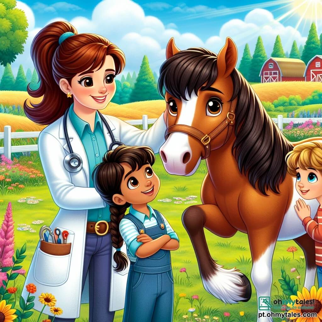 Clara, uma veterinária de cerca de trinta anos, tem cabelos castanhos presos em um rabo de cavalo e usa um jaleco branco com bolsos cheios de ferramentas. Ela sorri gentilmente, agachada ao lado de um garanhão de pelagem marrom, acariciando seu pescoço com ternura. Perto dela, Miguel, um garoto de 10 anos com cabelos castanhos e olhos brilhantes, observa fascinado, segurando um pequeno caderno, pronto para anotar. Ana, uma menina de 8 anos com tranças loiras, está ao lado dele, com os olhos arregalados, demonstrando grande interesse pelo garanhão. O cenário é um encantador e colorido campo da fazenda, cercado por flores silvestres e grandes árvores verdes, sob um céu azul radiante e um sol brilhante. A cena principal mostra Clara examinando o garanhão, enquanto as crianças a observam atentamente, cativadas pelo cuidado e amor que Clara tem pelos animais.