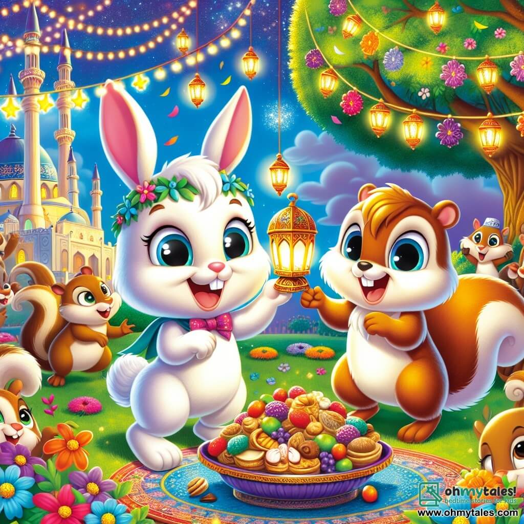 Benny, a small fluffy white rabbit with bright eyes, smiles joyfully while holding a beautiful sparkling magic lantern in his paws. He stands on a green lawn surrounded by colorful flowers, his face radiating excitement and pride. Next to him, Mr. Squirrel, a red-furred squirrel with sparkling eyes, jumps for joy, raising his arms to show his enthusiasm for the found lantern. He is slightly behind near a majestic tree with branches full of green leaves. The scene is set in the lively square of Animalville, decorated with hanging lanterns and flower garlands, with animals gathered around a large table filled with colorful treats for the Ramadan meal. The main situation shows Benny and Mr. Squirrel celebrating the magic of the evening, surrounded by smiling animal friends, all ready to share a joyful feast under a starry sky.