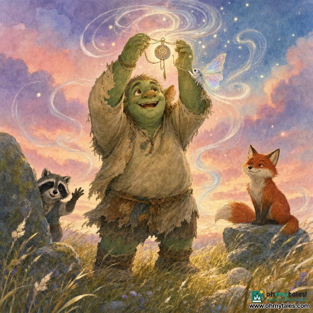Brindle the ogre, happy and awed, holds the glittering talisman above his head; soft green skin, round warm eyes, petal-like ears, worn linen clothes and muddy boots, open posture and broad smile. A small glowing moth perches on his shoulder, translucent iridescent wings, curious as it brushes the talisman. A red fox sits a bit back on a flat rock, shiny russet fur, mischievous but calm eyes, bushy tail curled, watching. An elegant raccoon hides behind a stone to the left, distinct facial mask, small vest, winking and waving a paw. The place: a golden grassy hill at dusk, swaying tall grass, pink-and-blue sky, mossy gray stones and translucent swirling winds. Main moment: the ogre returns the talisman, winds swirl with light, grass dances and small light particles rise — a joyful restoration of the land's breath.