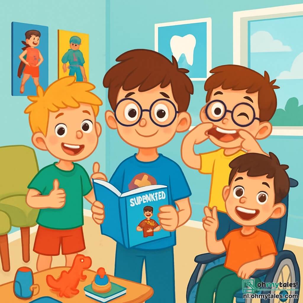 Er zijn 4 kinderen: Daan: een 8-jarig jongen met bruin haar en een bril. Hij draagt een blauwe t-shirt met een superheld erop en houdt een stripboek in zijn handen. Hij staat in het midden van de afbeelding met een verlegen glimlach. Sam: een 8-jarig jongen met rommelig blond haar, in een rode short en een groene t-shirt. Hij staat links van Daan en maakt een gebaar van steun met een duim omhoog. Ludo: een 8-jarig jongen met kastanjebruin haar en een bril, gekleed in een gele t-shirt en een zwarte broek. Hij staat rechts van Daan en trekt een grappige grimace om hem aan het lachen te maken. Raf: een 8-jarig jongen met bruin haar en een stralende glimlach, zittend in een rolstoel. Hij draagt een oranje t-shirt en zit iets verder naar achteren, rechts, terwijl hij een vredesteken met zijn vingers maakt. De scène speelt zich af in een lichte en uitnodigende wachtkamer van de tandarts, met lichtblauwe muren en kleurrijke posters van stripfiguren. Er zijn comfortabele stoelen en een kleine tafel vol met speelgoed en boeken voor kinderen. De hoofdsetting toont Daan, een beetje nerveus maar glimlachend, omringd door zijn vrienden die hem aanmoedigen voor zijn afspraak bij de tandarts. Ze staan allemaal samen, klaar om dit avontuur aan te gaan, met uitdrukkingen van steun en vriendschap op hun gezichten.