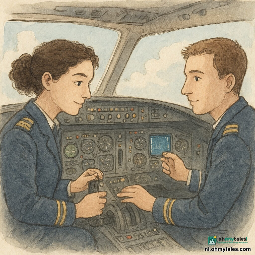 Vrouwelijke piloot ~28, donkerbruin krullend haar naar achter, geconcentreerd serein gezicht, draagt donkerblauwe pilotenblouse met gouden schouderstukken, houdt het stuur vast en stelt een knop op het dashboard bij, mannelijke copiloot ~30 rechts, kalm en alert, kort kastanjebruin haar, reikt naar een wijzer, zelfde tenue, gedetailleerde cockpit met zwarte console en gekleurde lampjes, groene en blauwe navigatieschermen, chromen hendels, labels en zichtbare bedrading, raampjes met donzige wolken, zacht ochtendlicht en lichte schaduwen, warme pastel aquareltonen, scène van samenwerking: piloot hoort een klein geluid (zelfverzekerde glimlach), corrigeert een bediening en copiloot bevestigt, sfeer van rustige concentratie en vertrouwen, fijn potloodlijnen voor contouren, subtiele arcering voor schaduwen en lichte aquarelwasjes, duidelijke stof- en metaaltexturen.